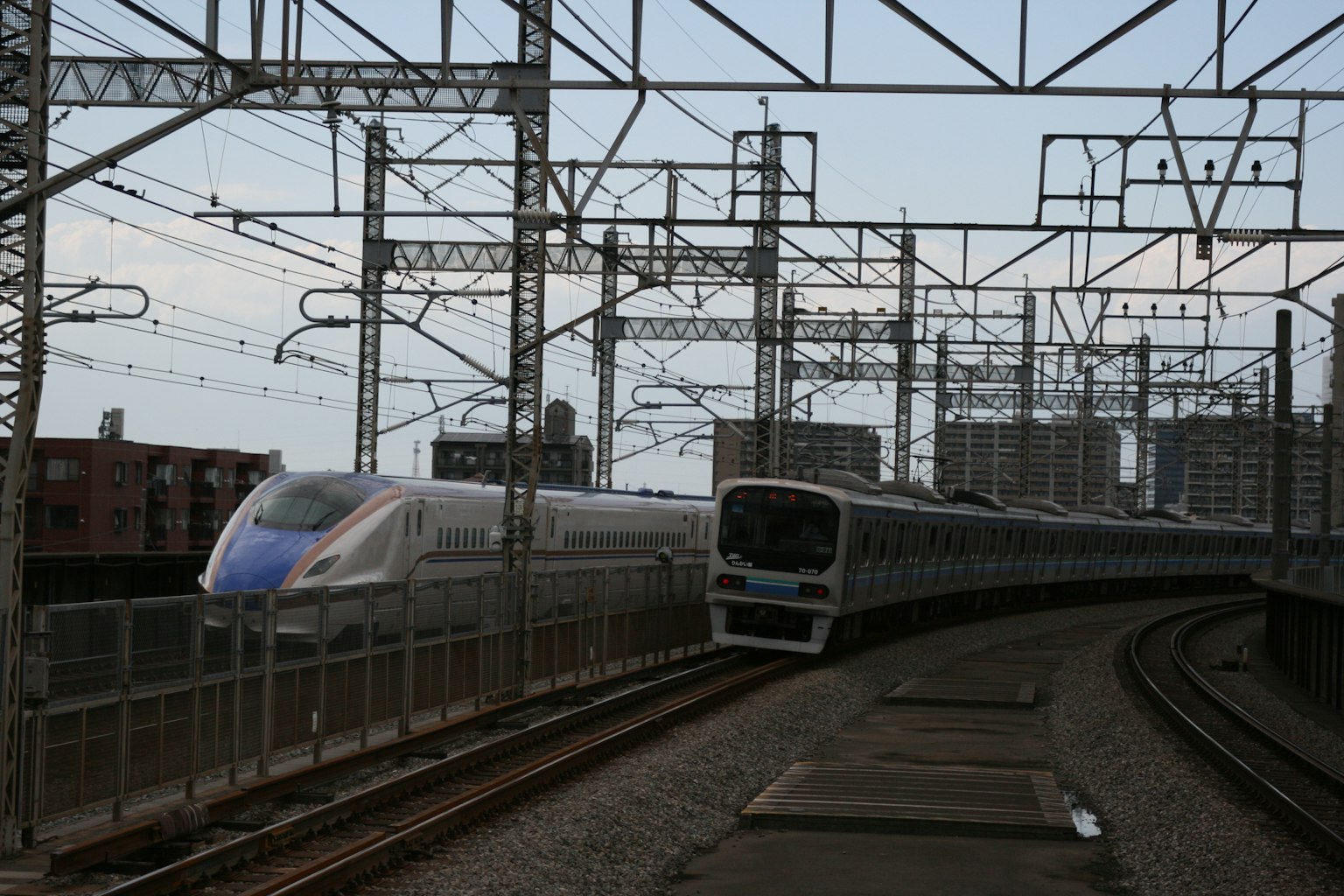 兩列火車在鐵路場景中交叉 可見高架軌道和電線