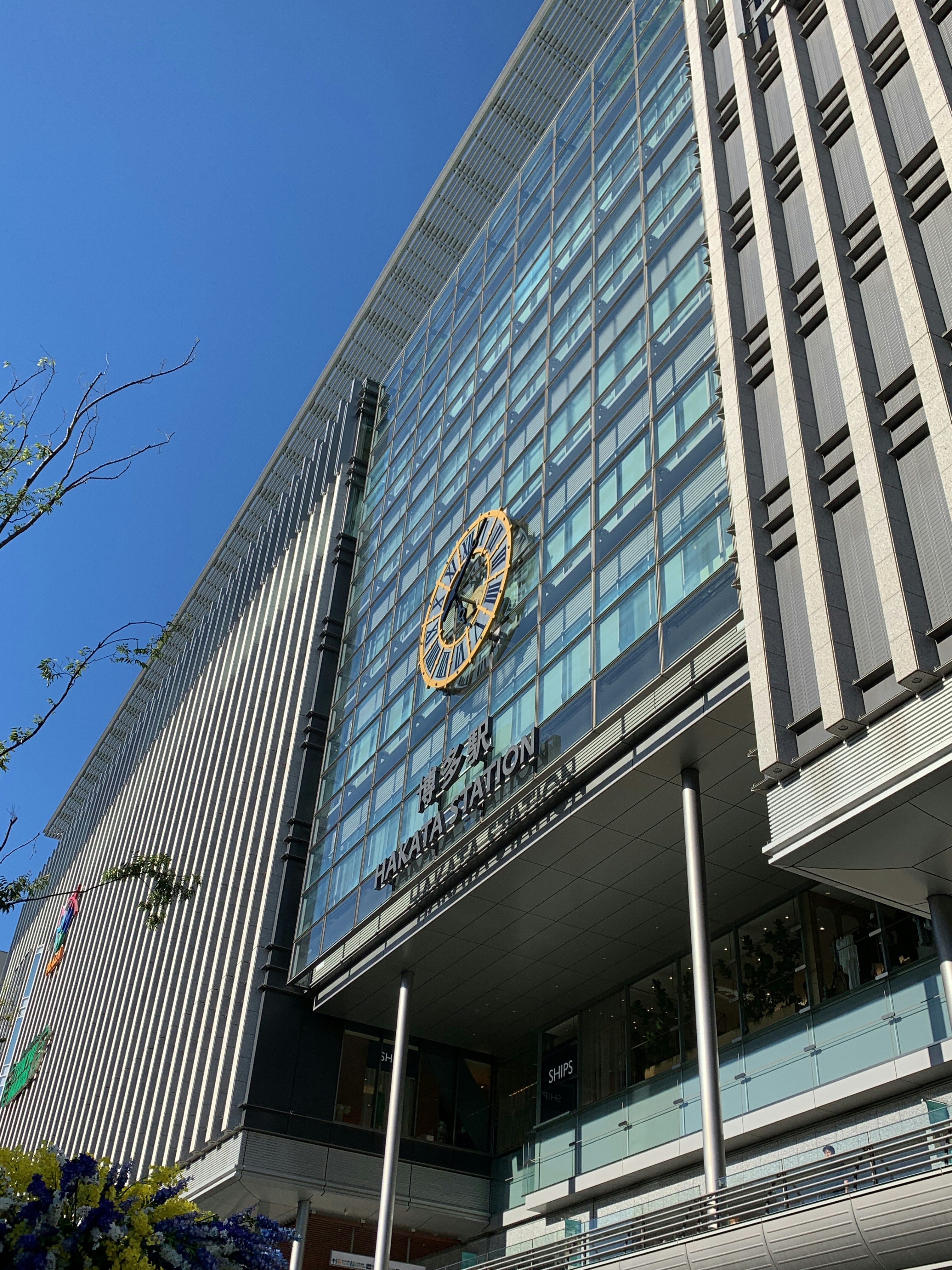 蓝天背景下带有标志招牌的现代办公楼外立面