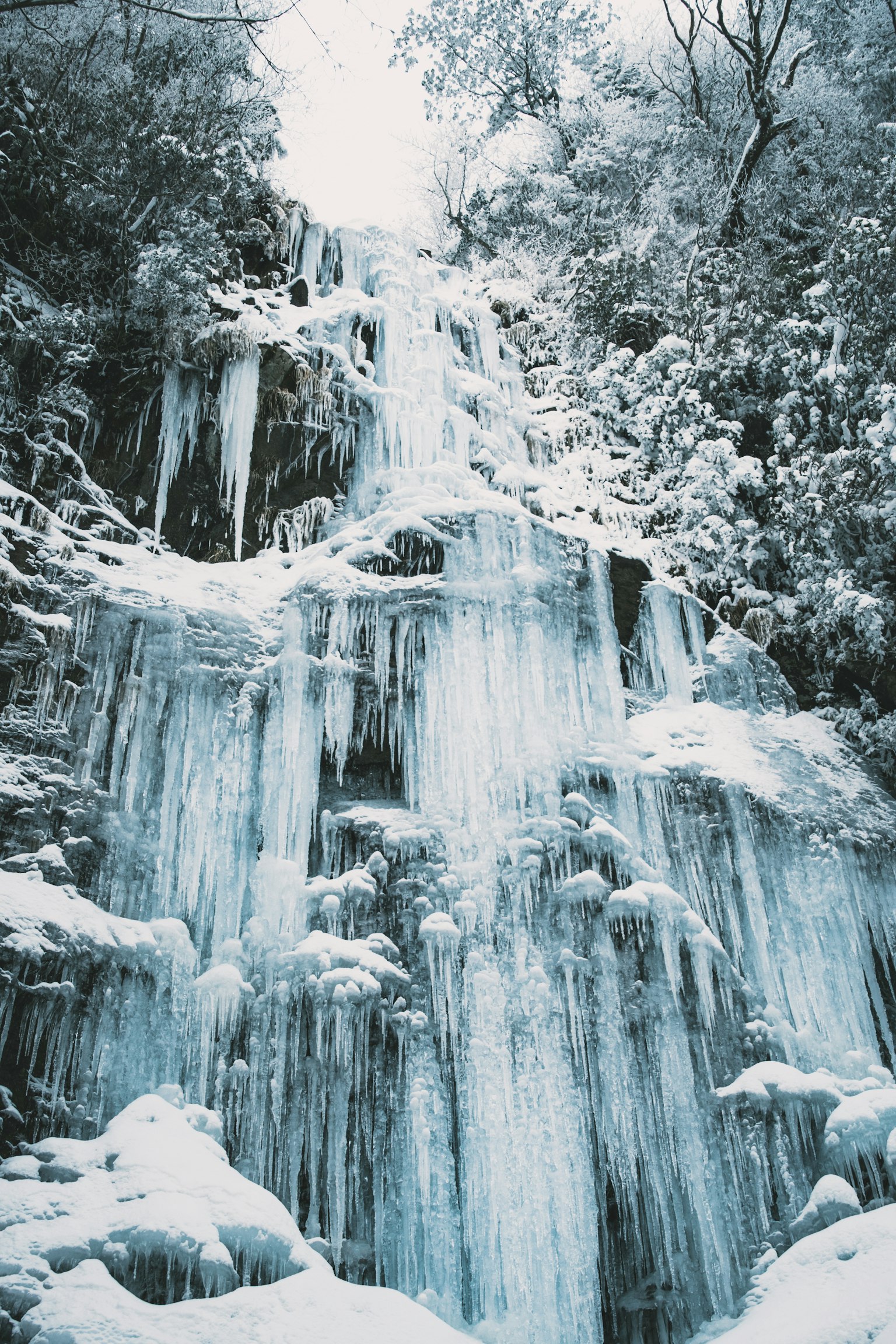 Una hermosa cascada congelada rodeada de nieve y hielo