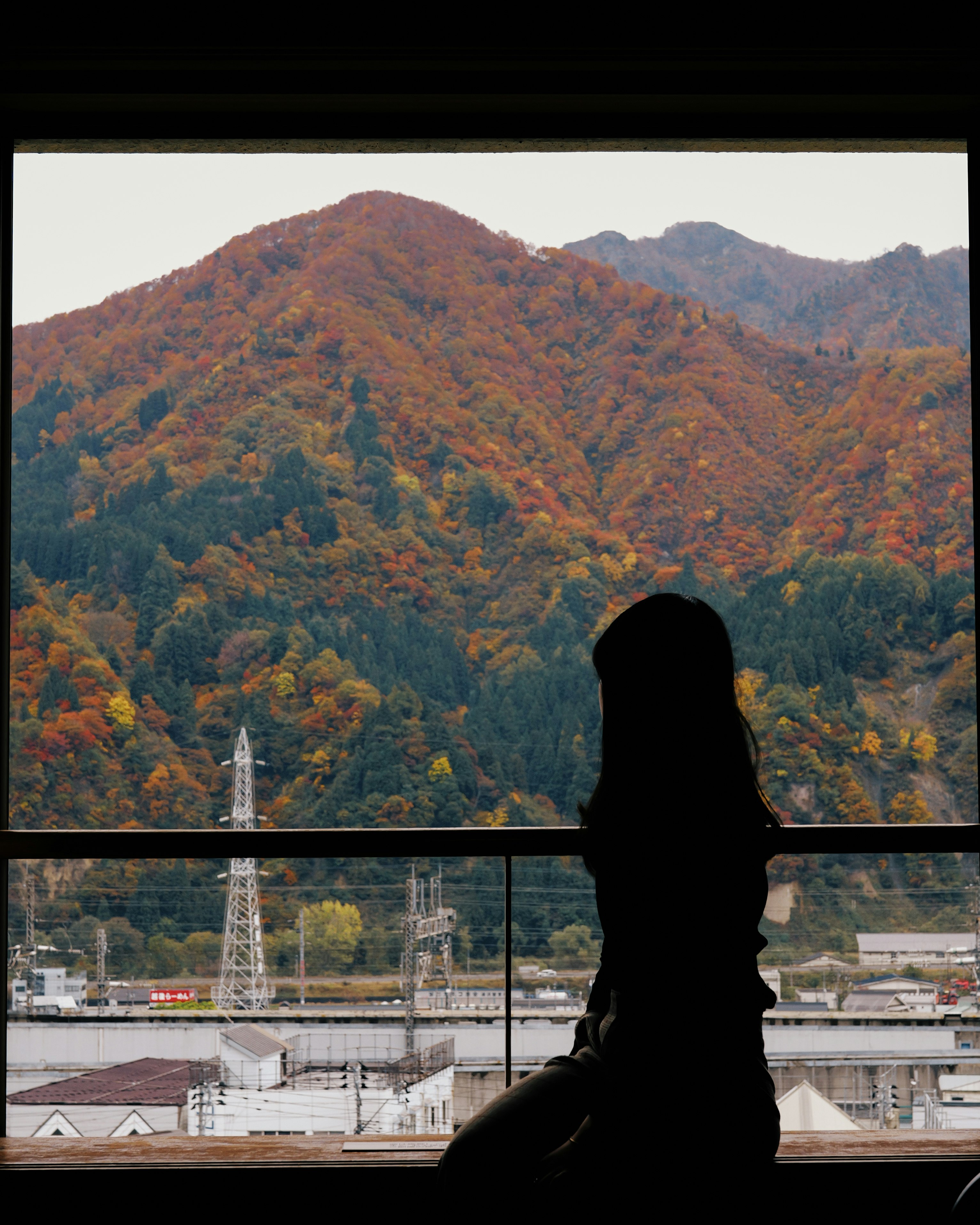 窓越しに見える紅葉の山並みと工業施設