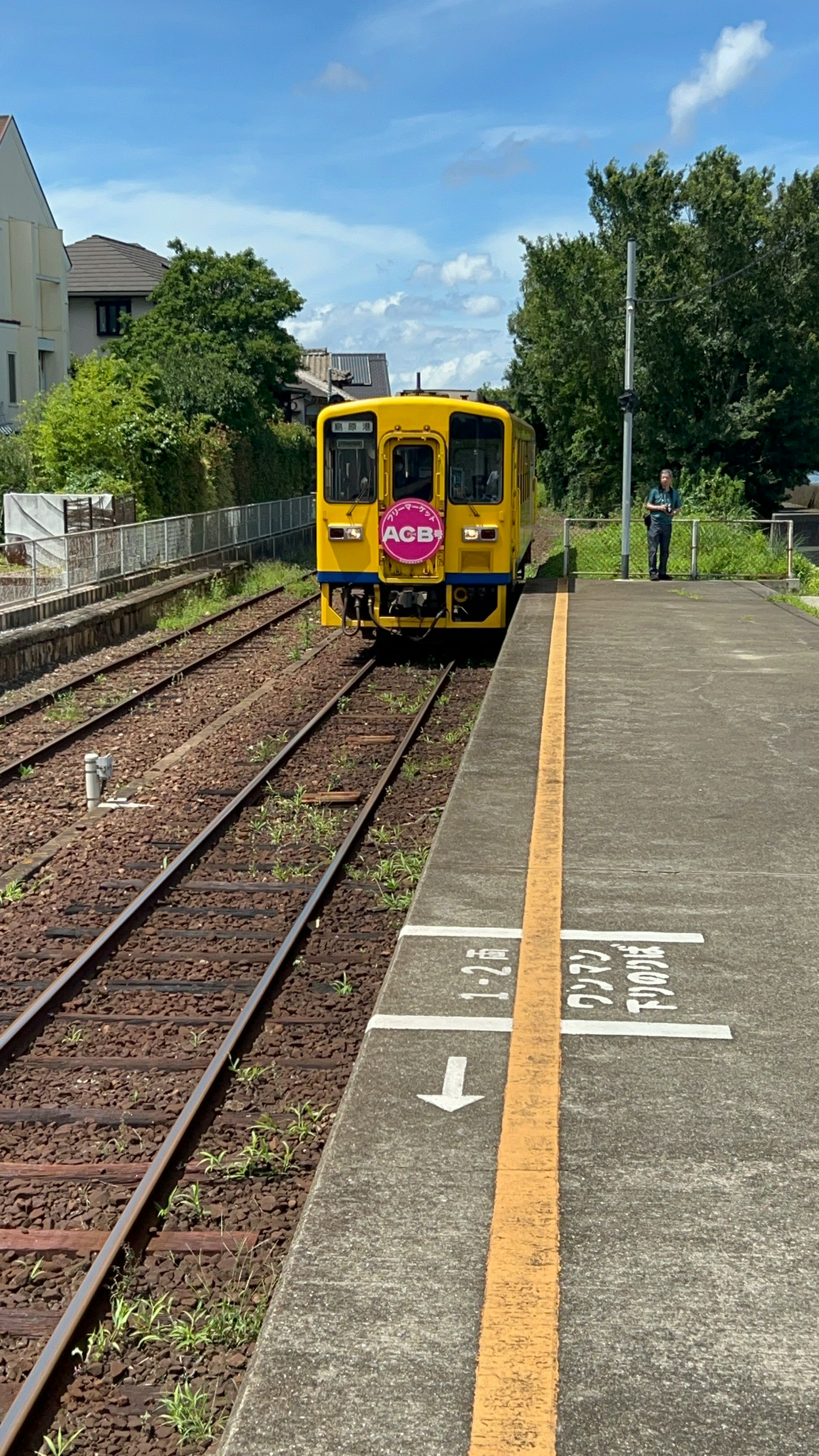 Un treno giallo in stazione con cielo blu chiaro