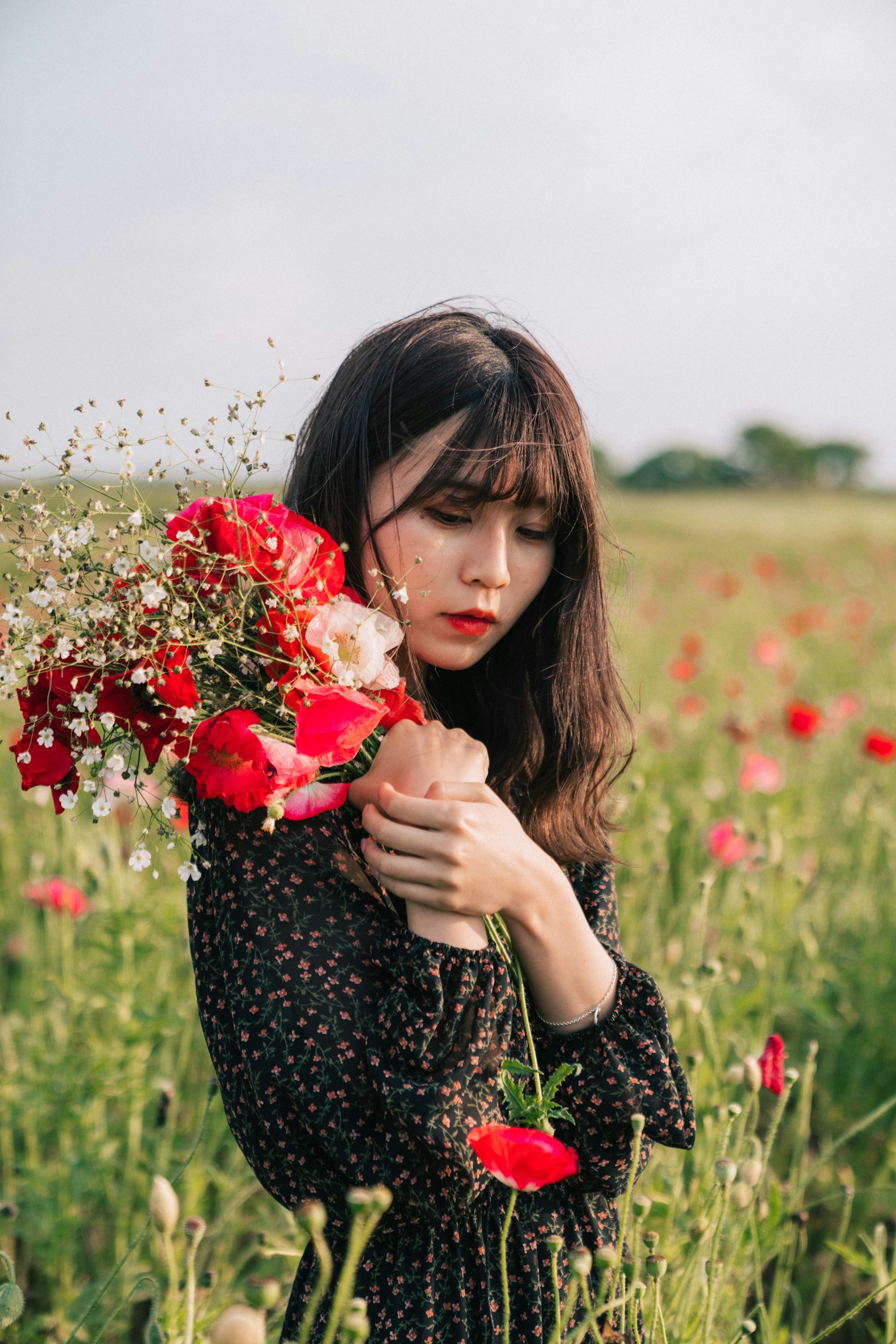 Una bella donna che tiene un mazzo di fiori rossi in un campo