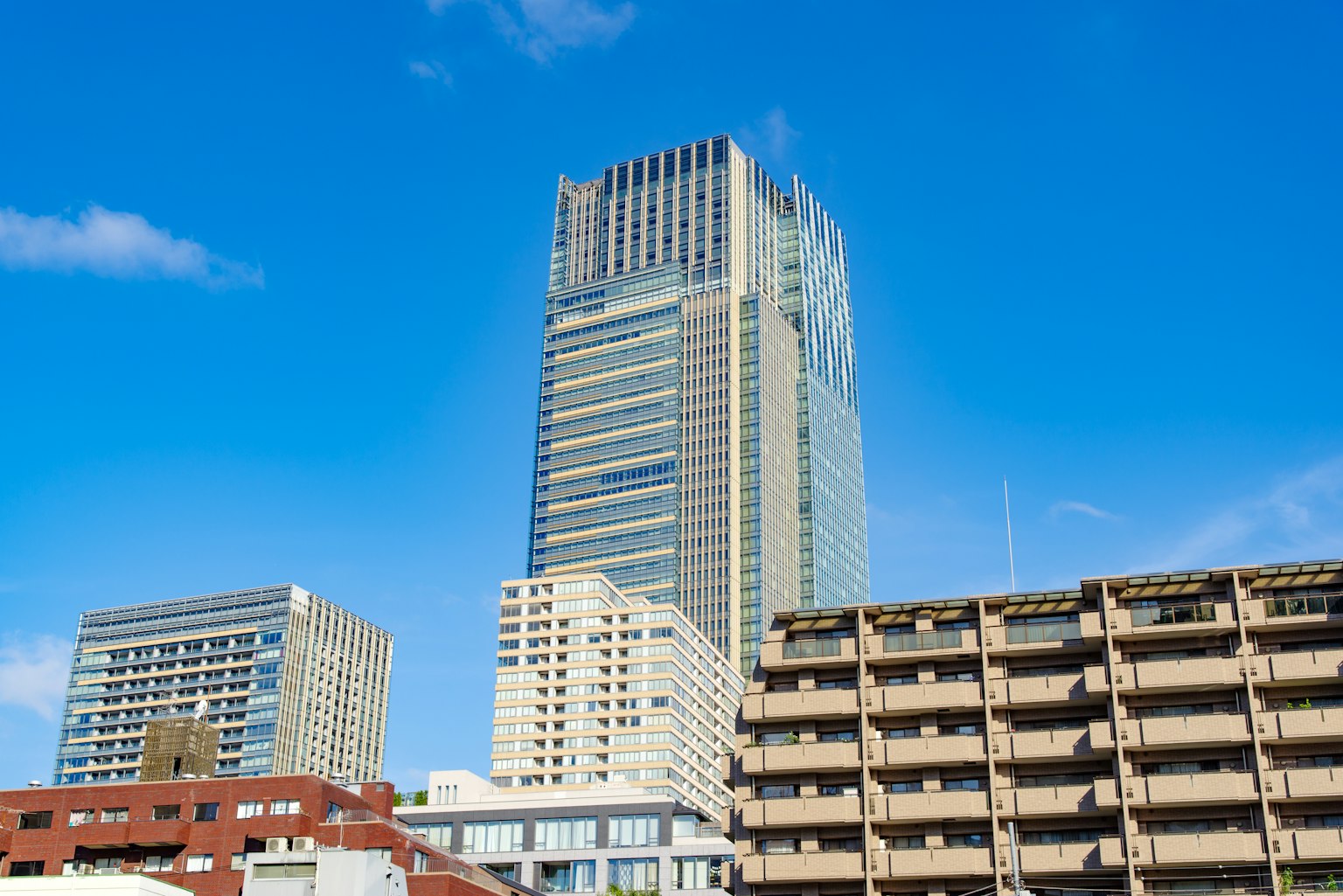 ทิวทัศน์เมืองที่มีตึกระฟ้าสมัยใหม่ใต้ท้องฟ้าสีฟ้า