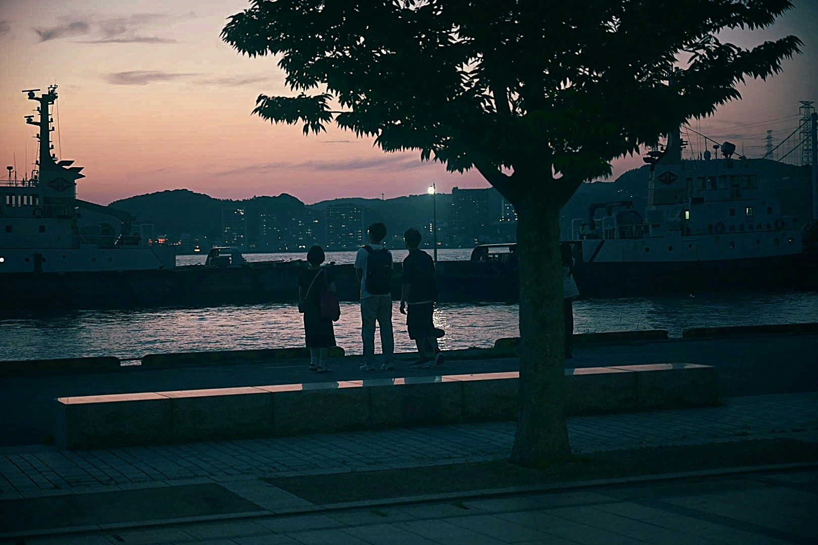 sagome di persone in piedi lungo un fiume al tramonto
