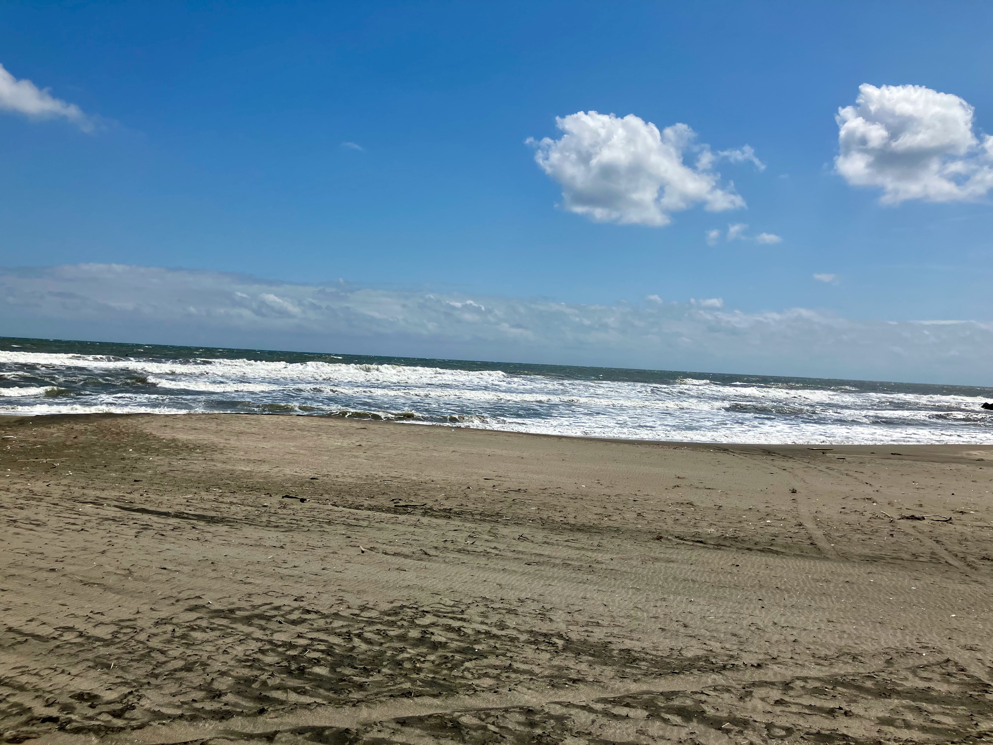 広い砂浜と穏やかな波が続く海岸の風景