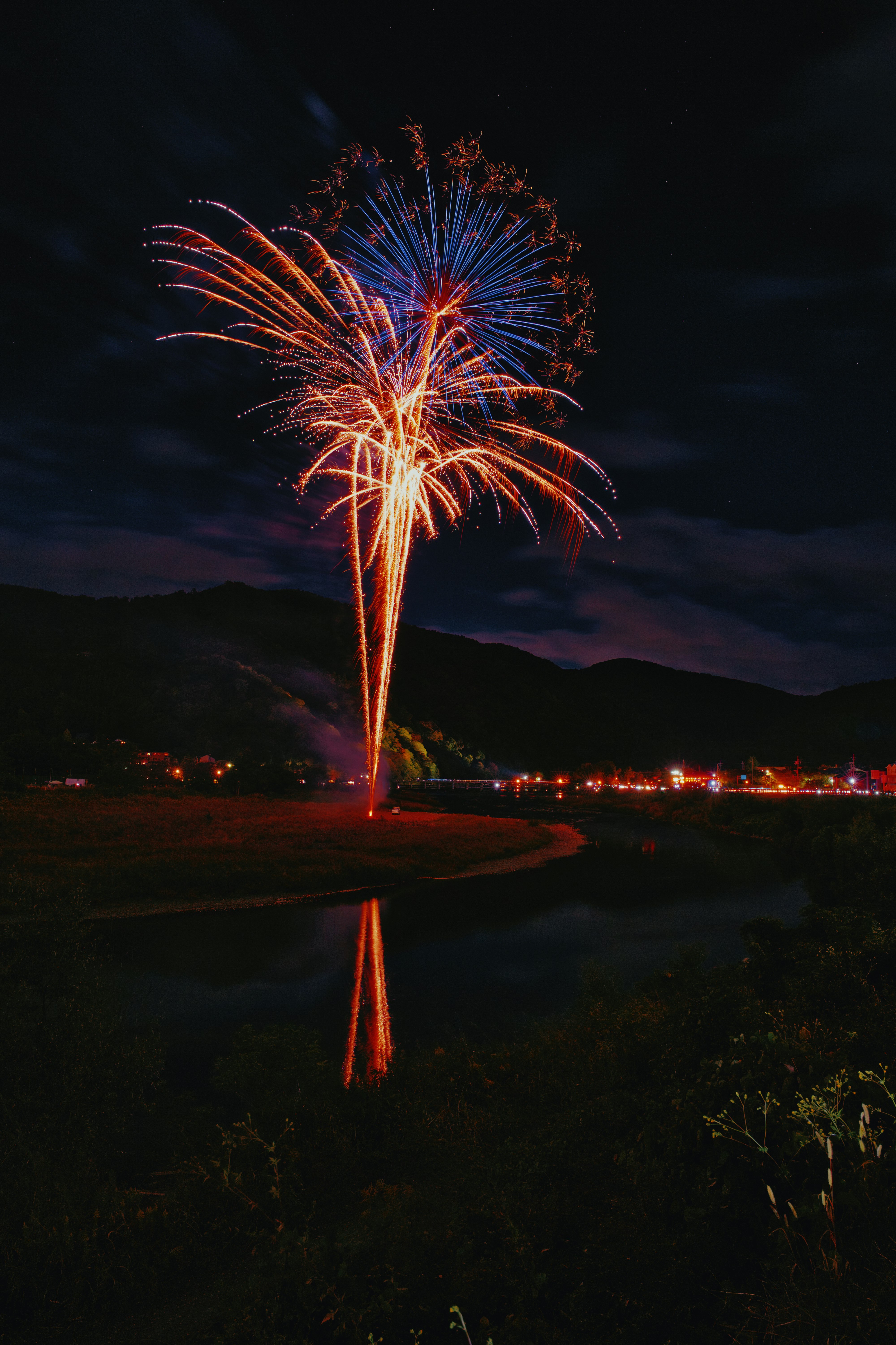 Night fireworks over Arashiyama and Togetsukyo Bridge