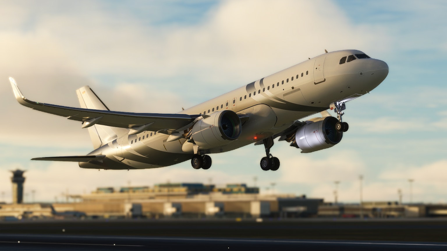 Aereo che decolla con sfondo di aeroporto
