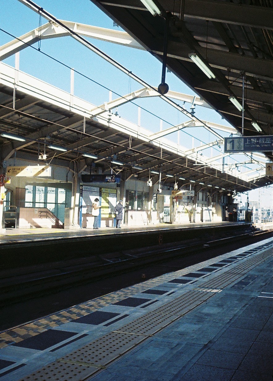 rail tracks and roofed platform inside a station with an elevated structure