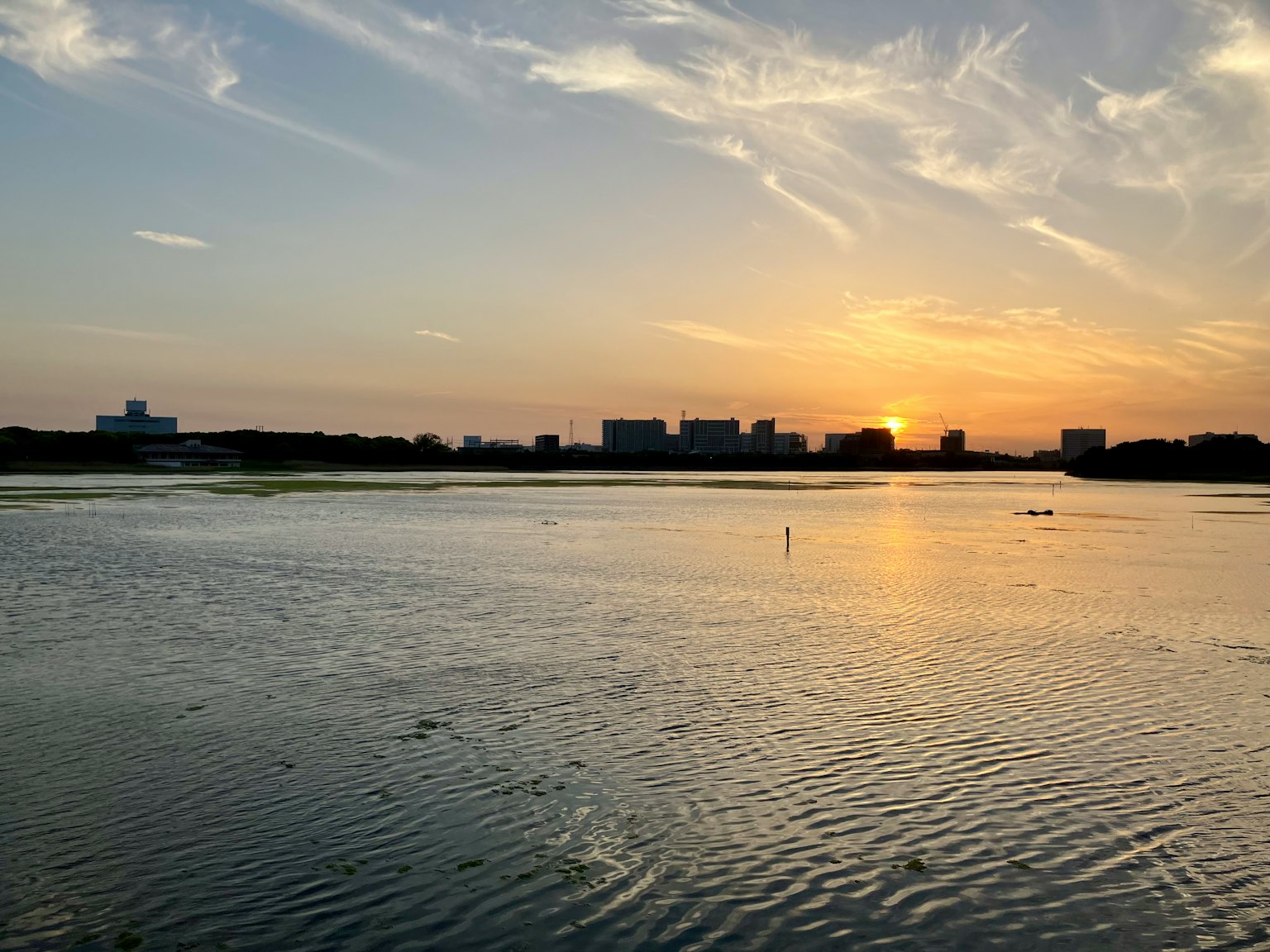平静的河面上的日落和背景中的建筑轮廓
