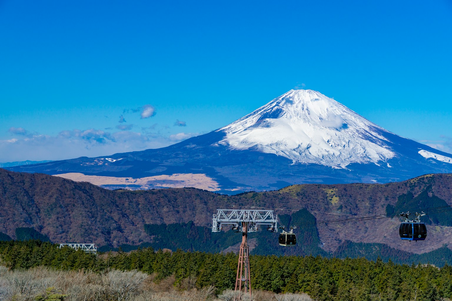 Gunung Fuji menjulang di bawah langit biru cerah dengan puncak bersalju dan pegunungan sekitarnya