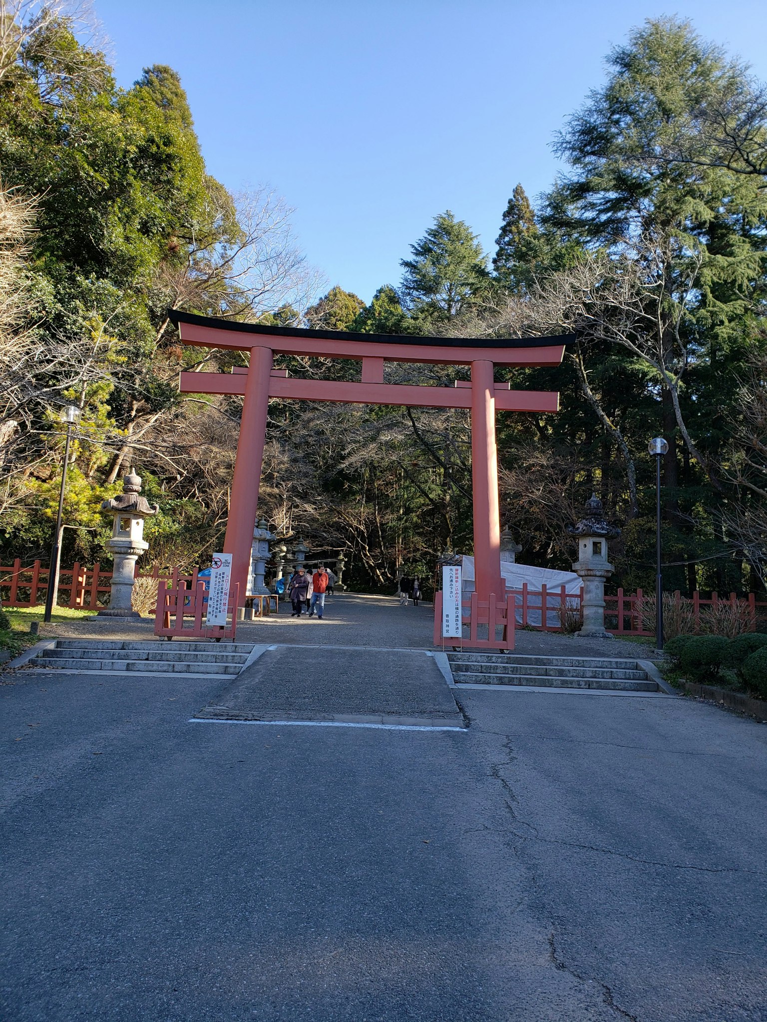 寧靜神社的入口，紅色鳥居和周圍綠色樹木