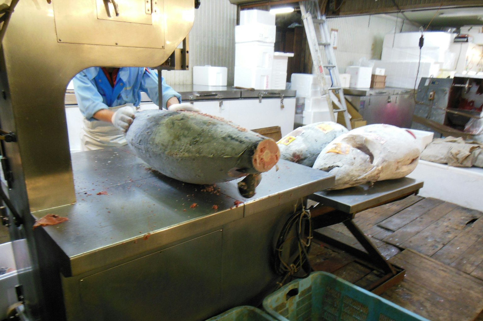 Interior de un mercado que muestra el proceso de corte de pescado
