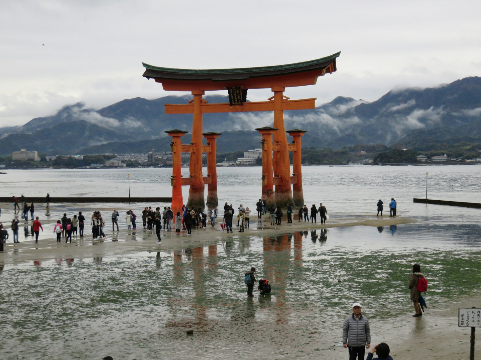 El icónico torii del Santuario de Itsukushima con visitantes en las planicies de marea