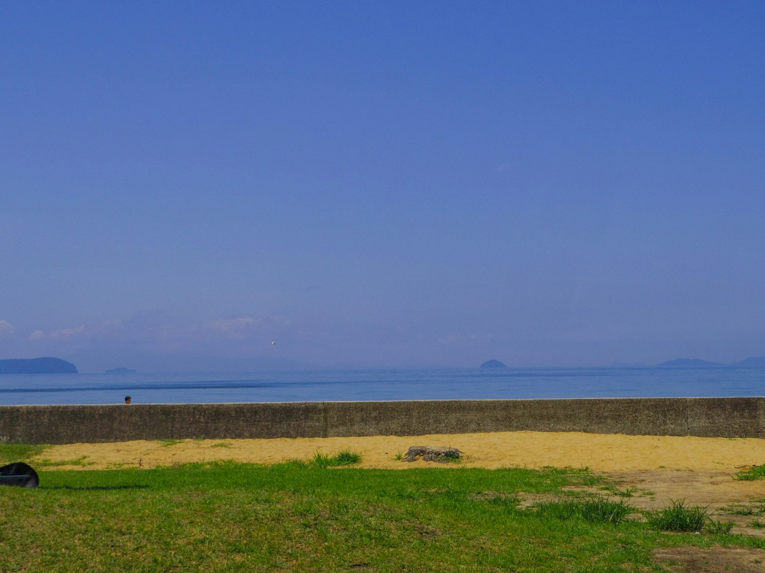 Panoramablick auf das blaue Meer und den Himmel mit grünem Gras und Sandstrand