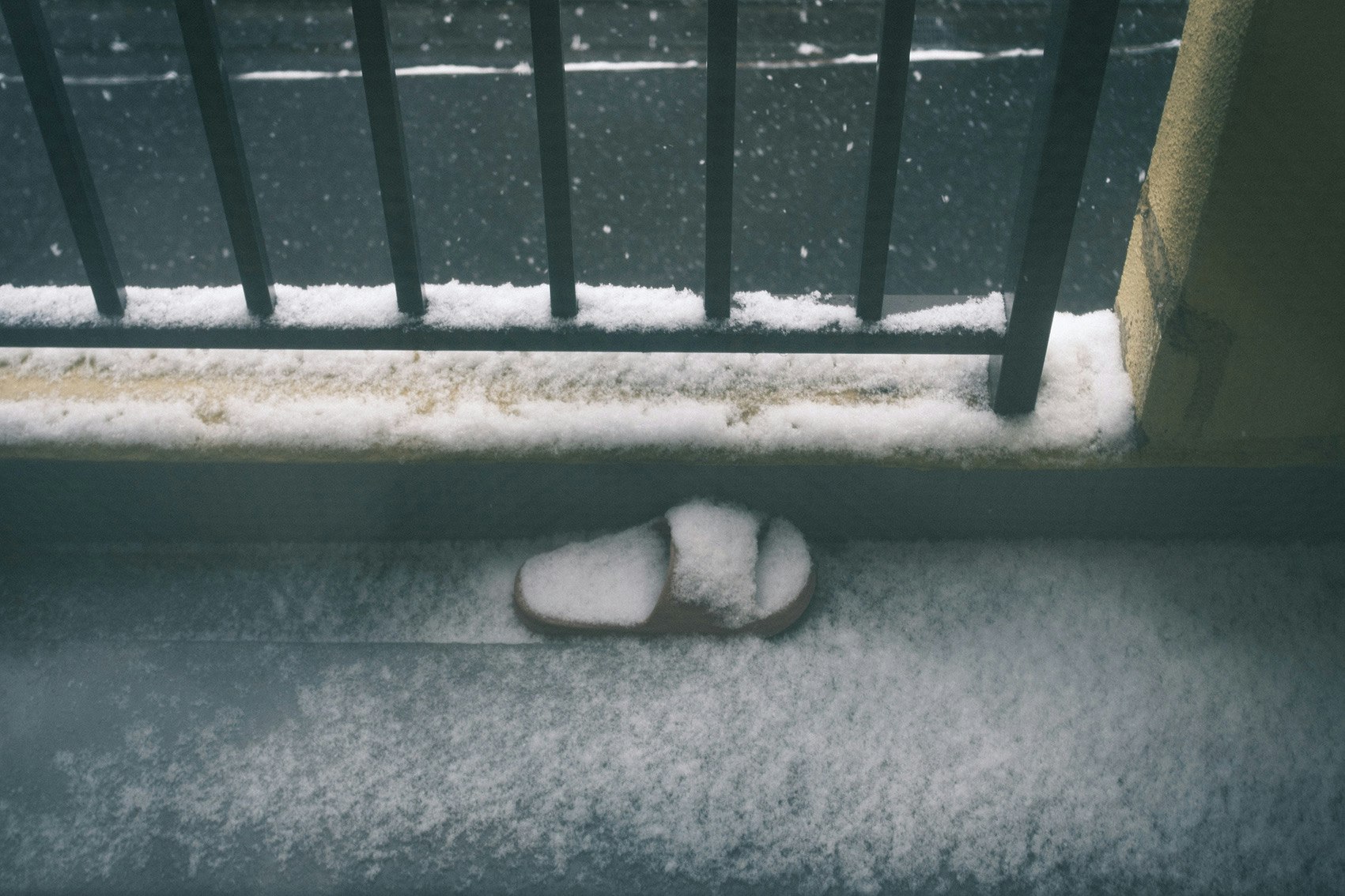 雪の積もった玄関先の床と手すり