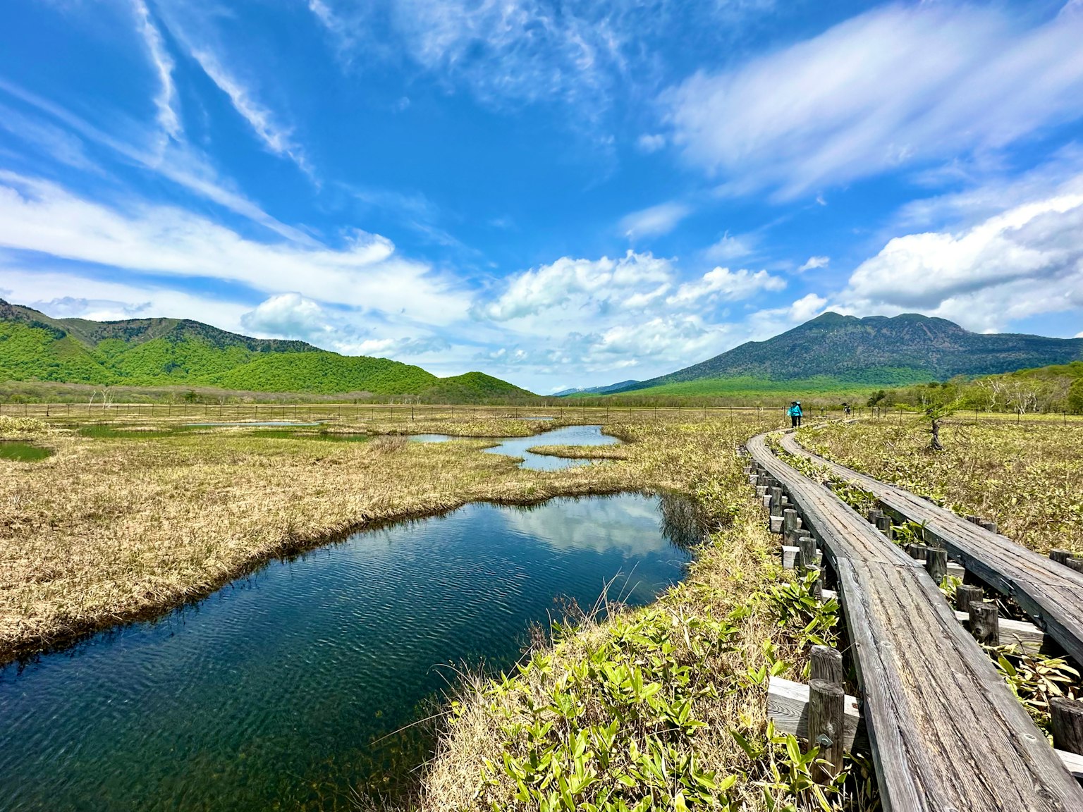 Sentiero in legno in una zona umida circondata da montagne verdi e cielo azzurro