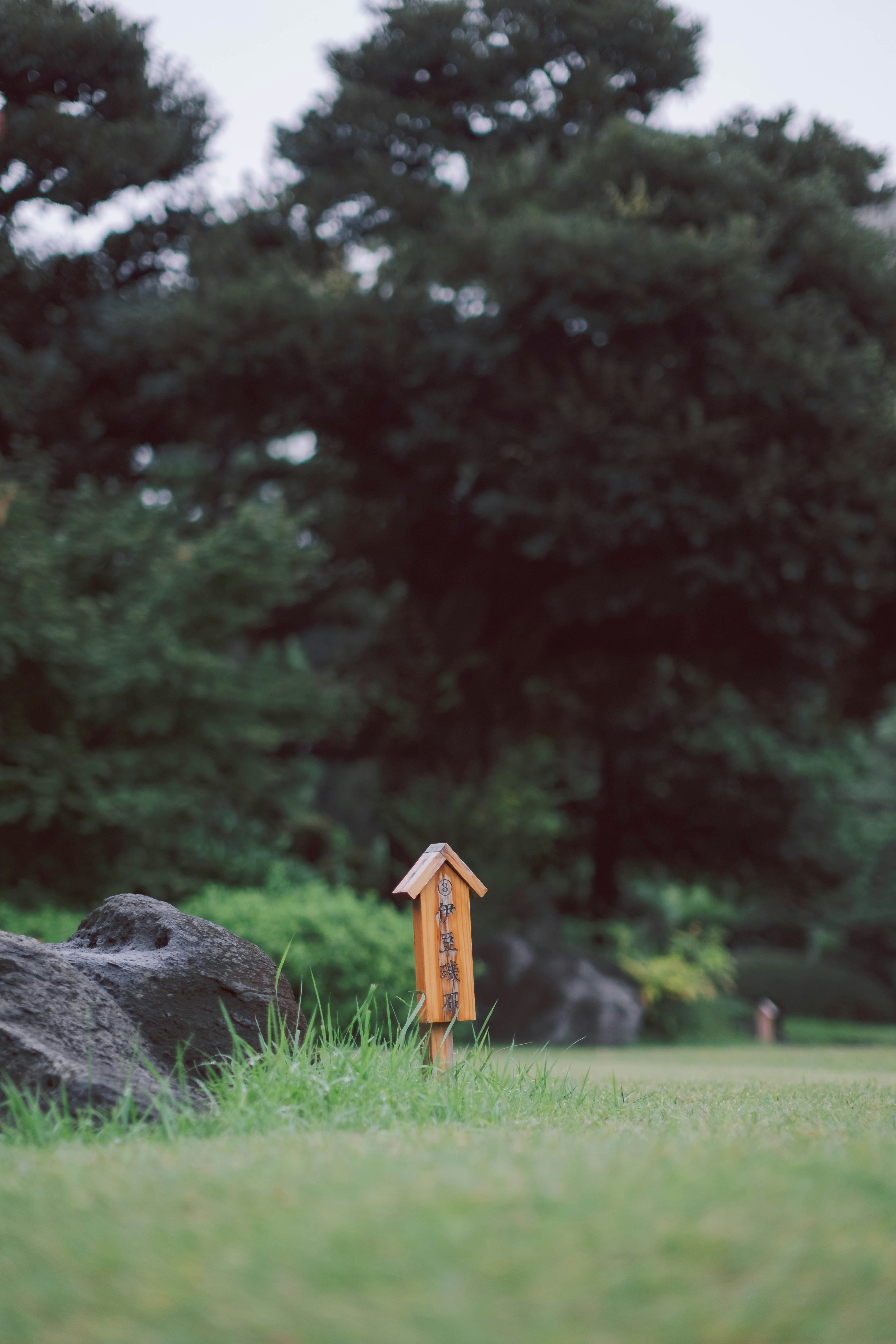 petit panneau en bois sur une pelouse