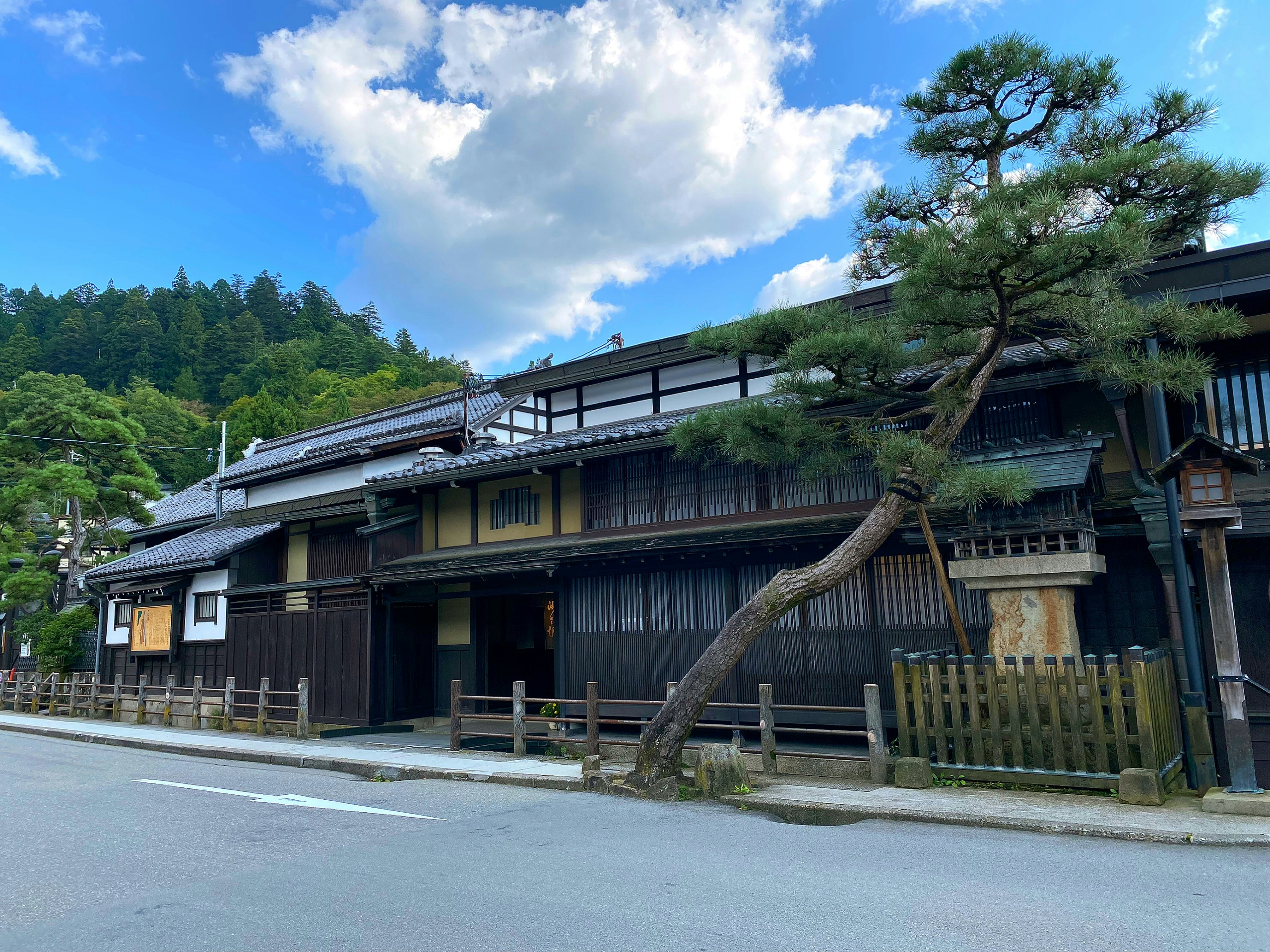 青空の下、古民家風の町家と庭の松が並ぶ通り