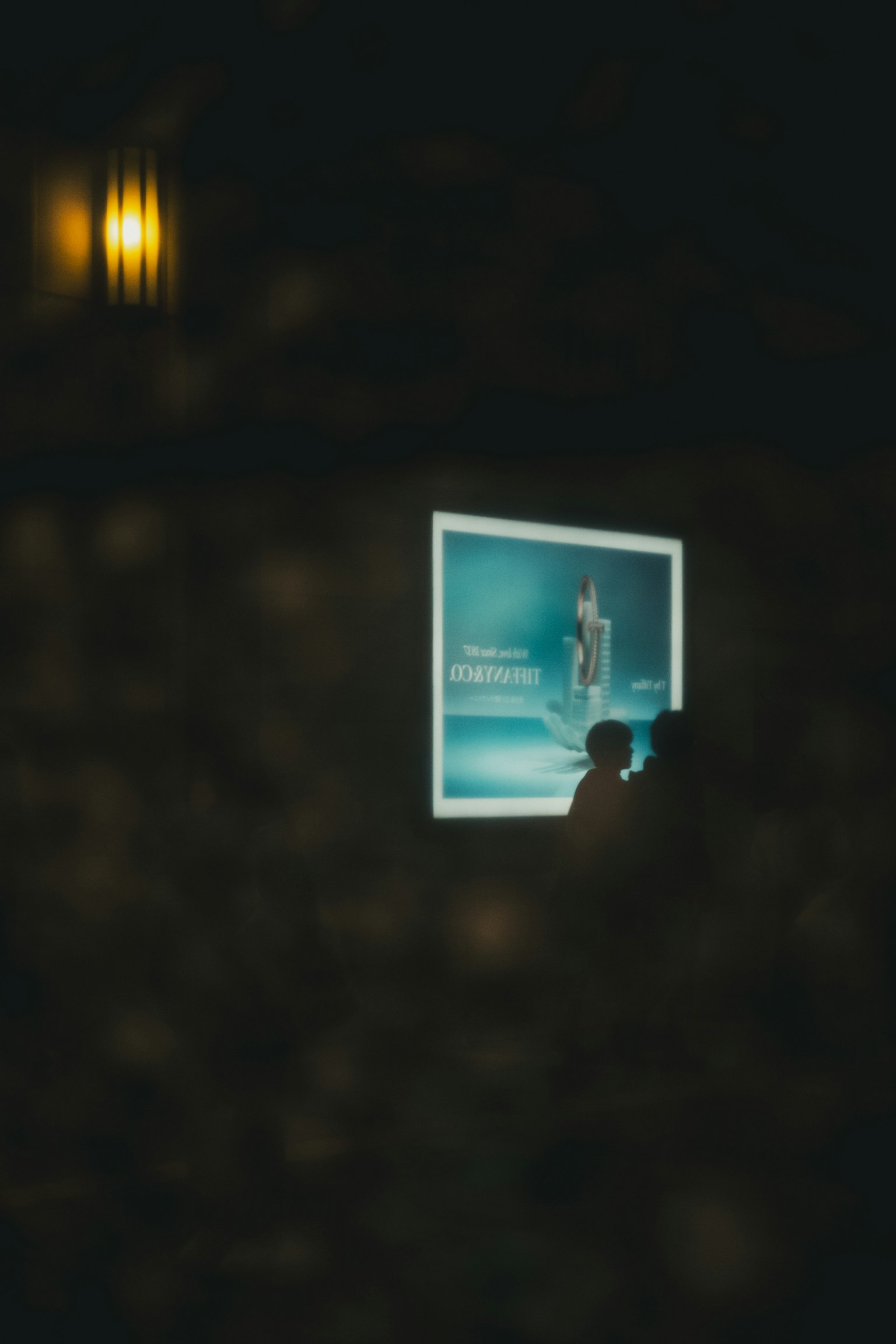 Silhouette di una persona accanto a un poster blu in un ambiente scuro