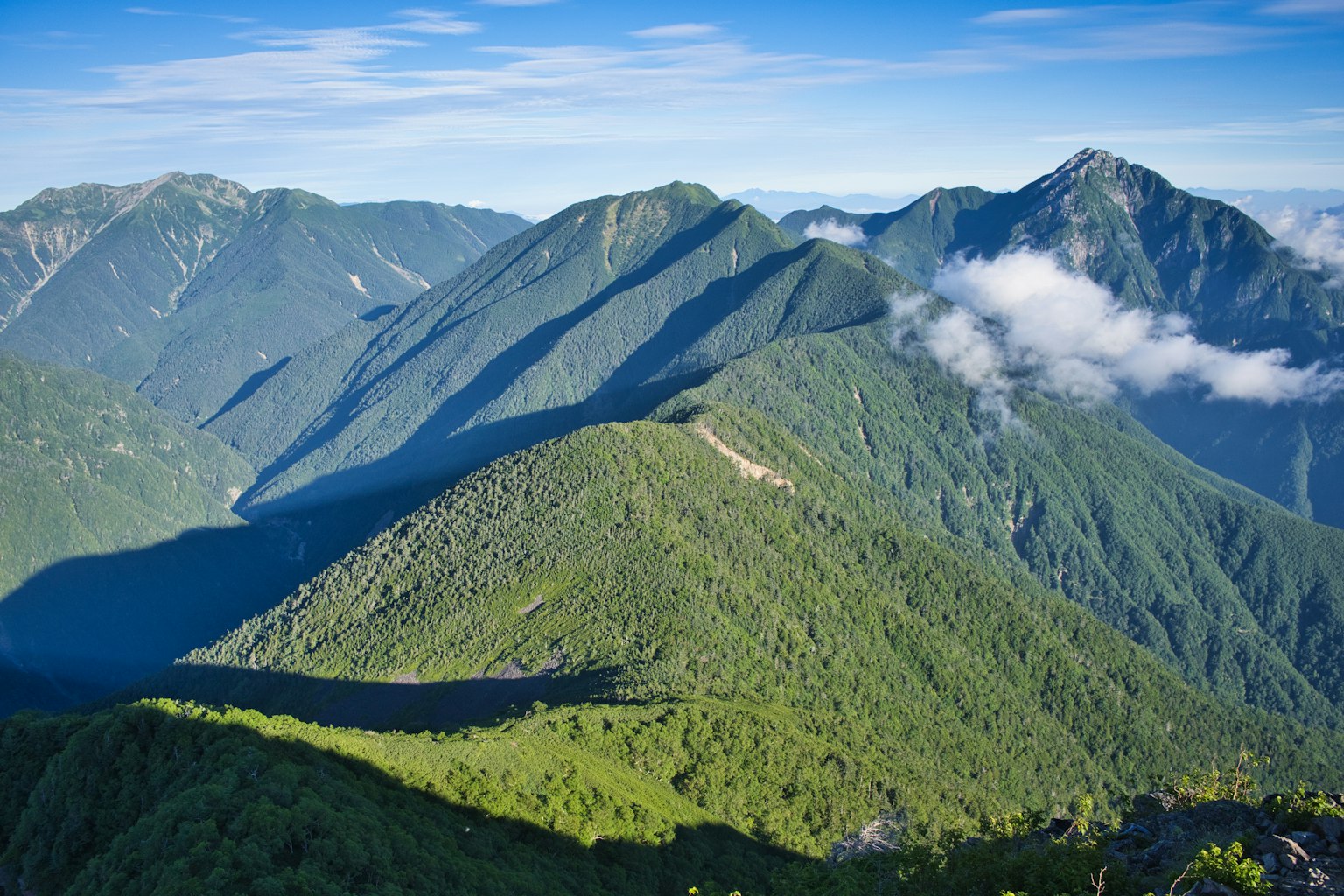 郁郁葱葱的绿色山脉下的蓝天风景
