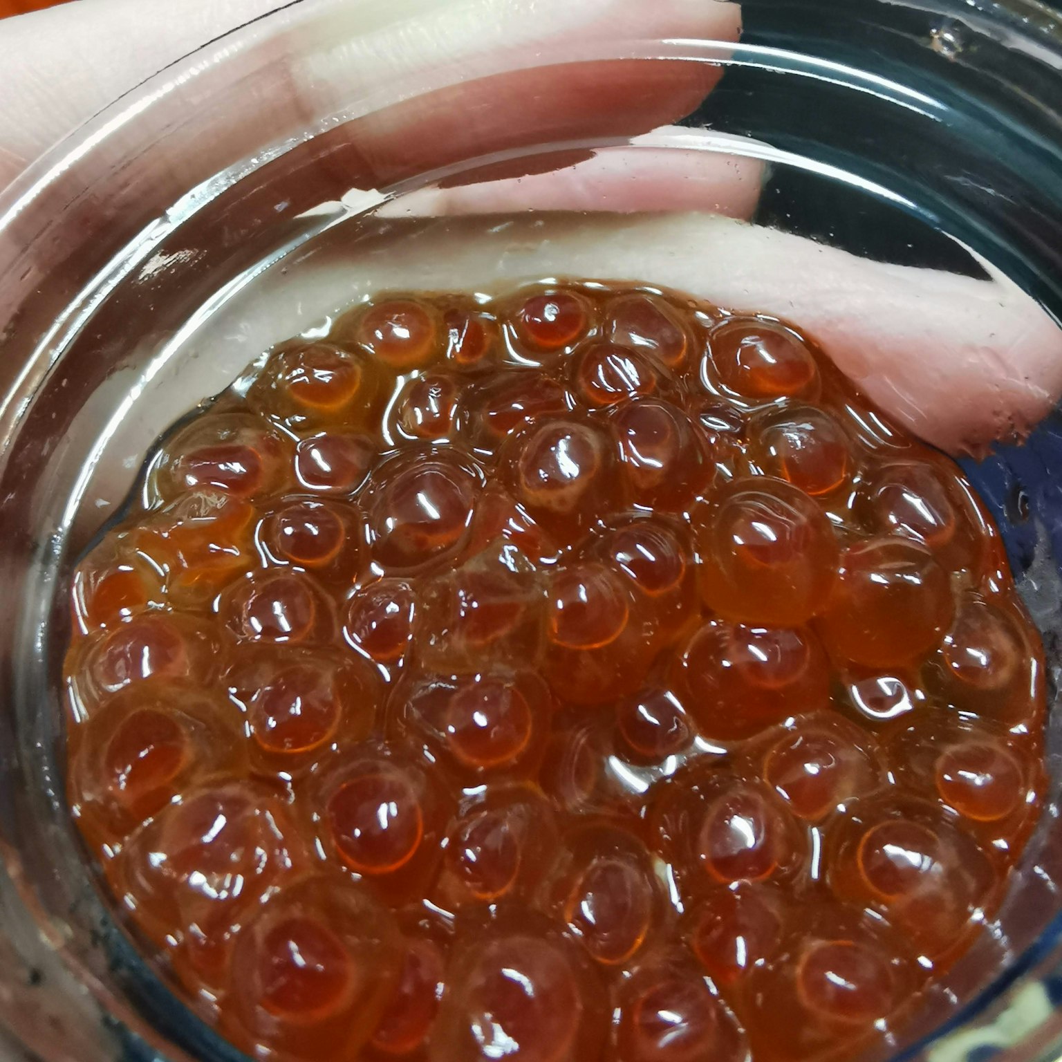 手持玻璃容器中的鮮豔鮭魚卵
