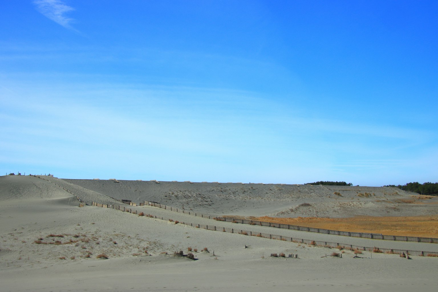 Vast sand dunes and dry landscape under a blue sky