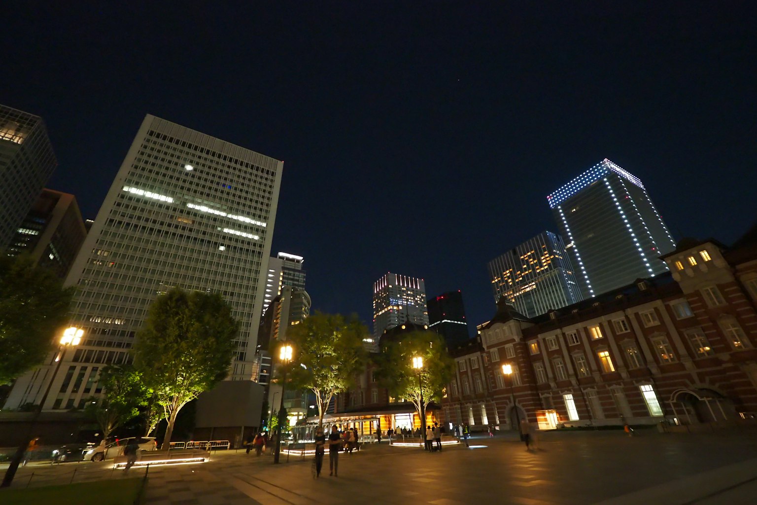 Night view of Tokyo with skyscrapers and historic buildings