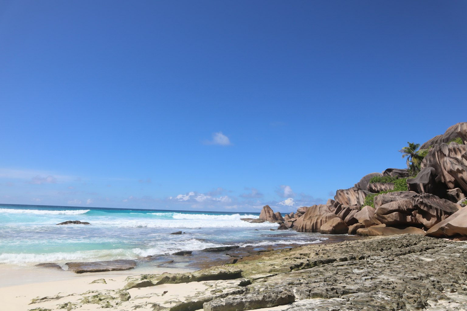Scenic beach view with blue sky and white sand rocks scattered along the shore
