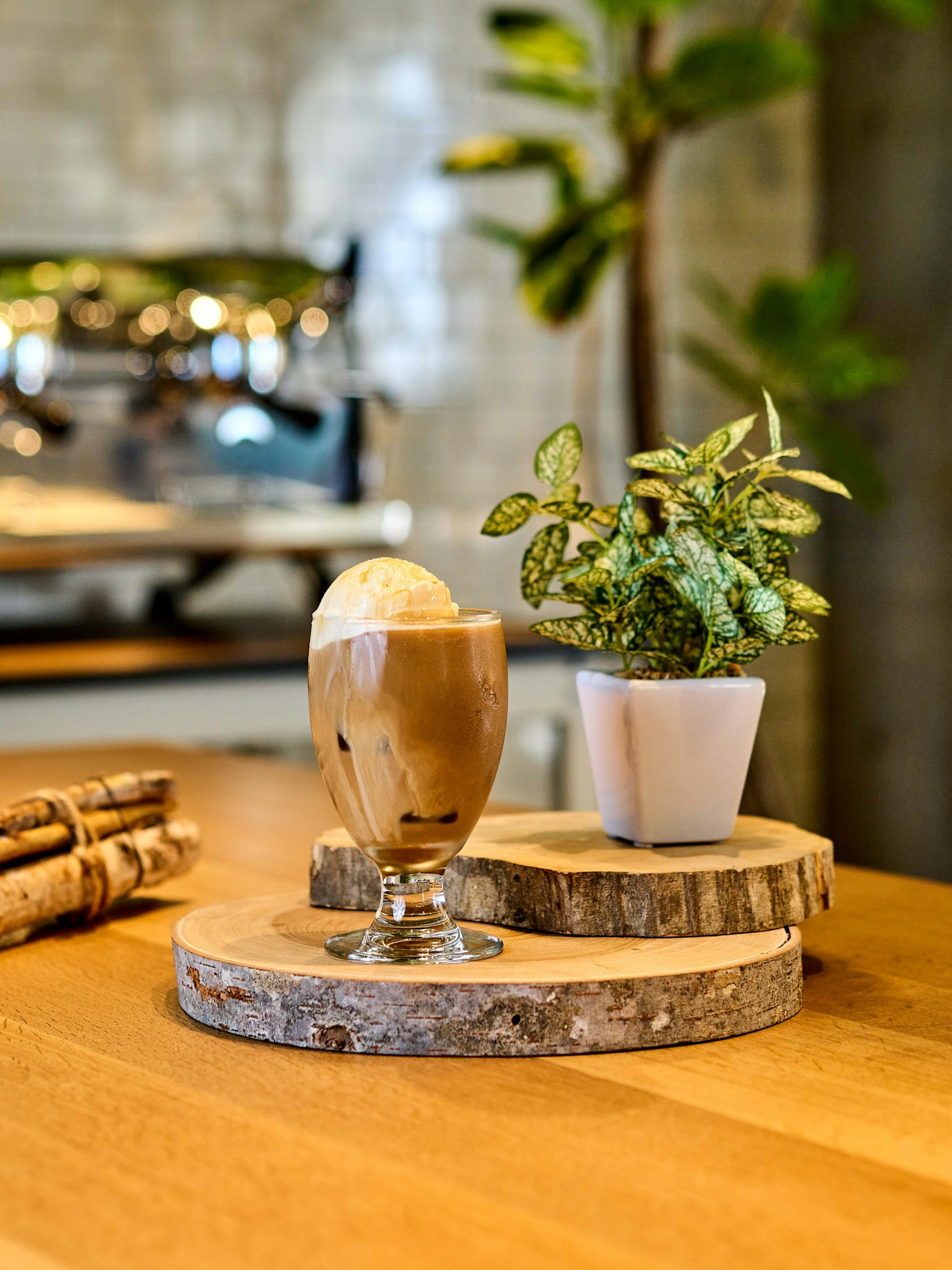 Glas Kaffee mit Eiscreme daneben eine kleine Pflanze auf Holzuntersetzern