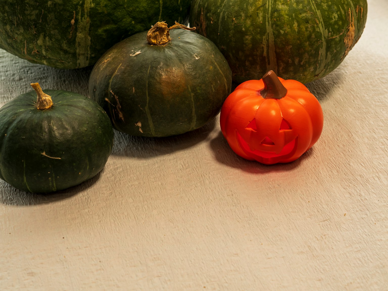 Eine Gruppe bunter Kürbisse mit einer auffälligen orangefarbenen Jack-O'-Lantern zwischen dunklen grünen Kürbissen