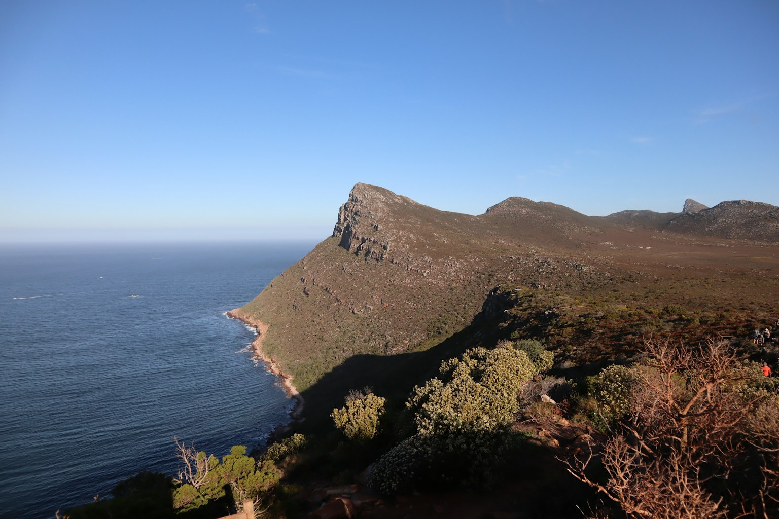 Coastal mountain landscape with blue sky and green vegetation in South Africa