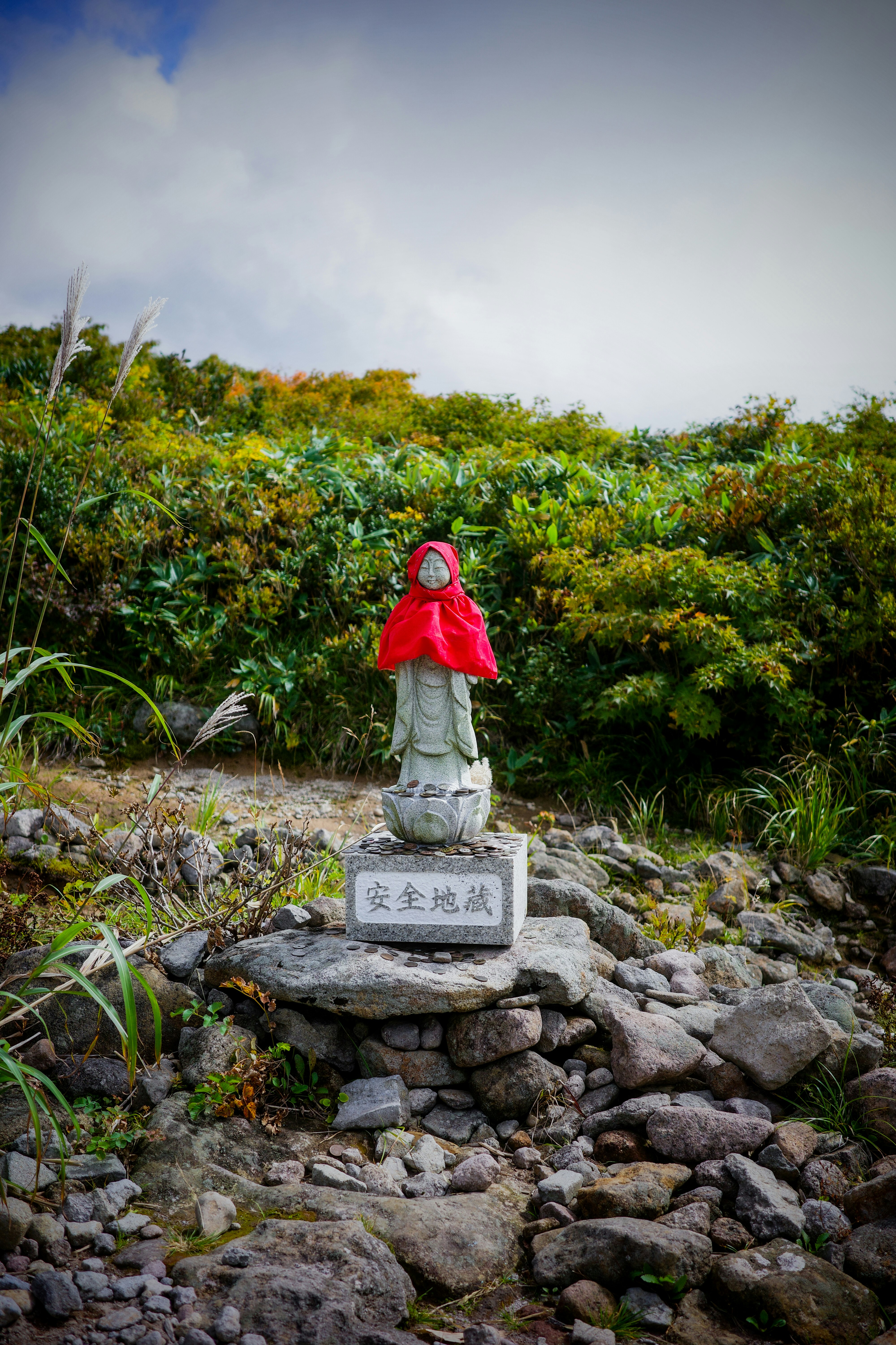 Stone statue wearing a red cape surrounded by green plants
