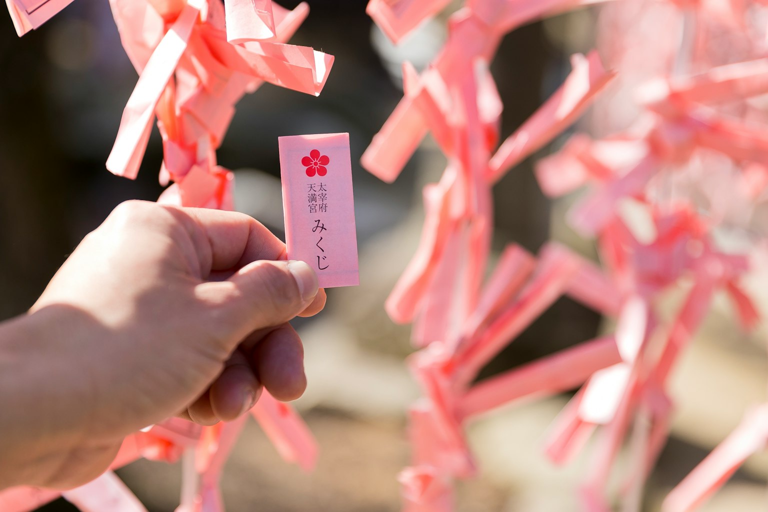 Una mano che tiene un desiderio di carta rosa circondata da molte strisce di carta rosa