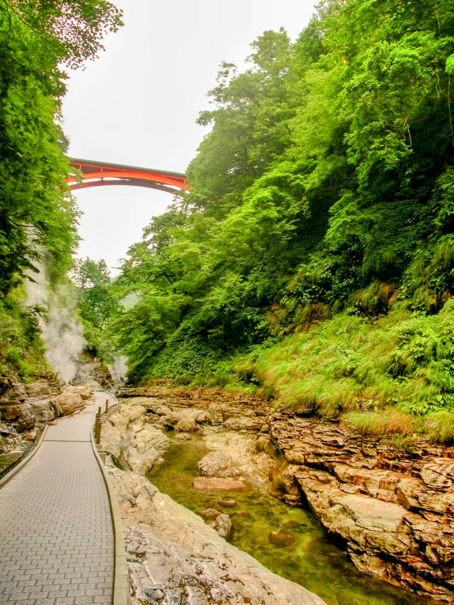 Vue pittoresque d'un chemin dans la vallée verte avec un pont rouge