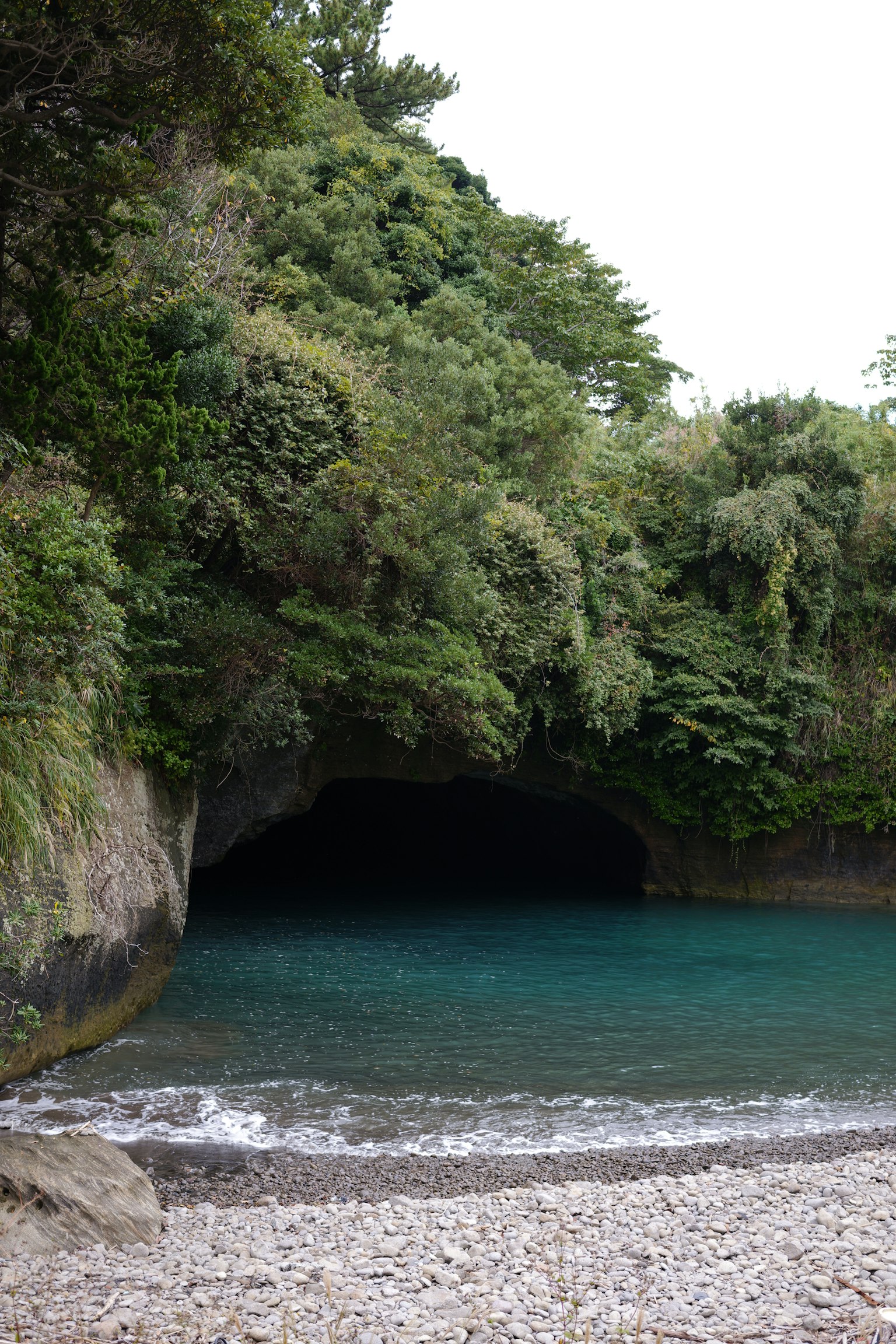 Scenic view of a cave with lush greenery and blue water