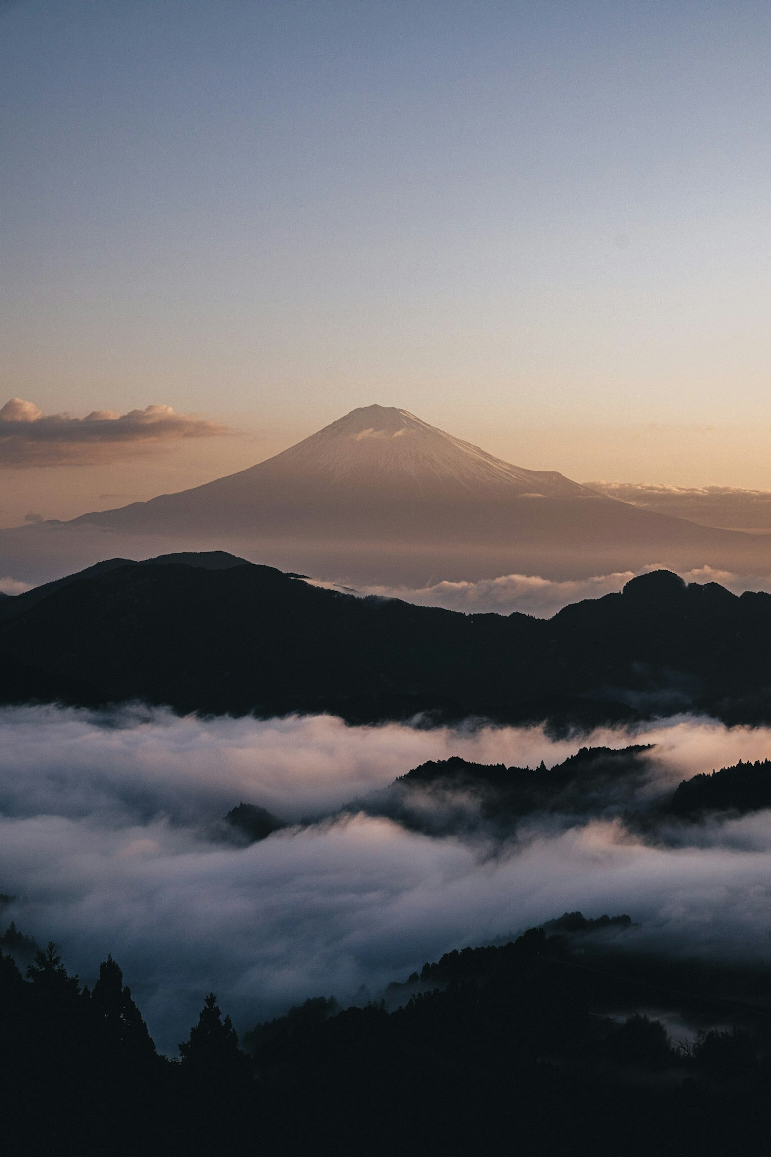 Beautiful sunset over Mount Fuji with sea of clouds