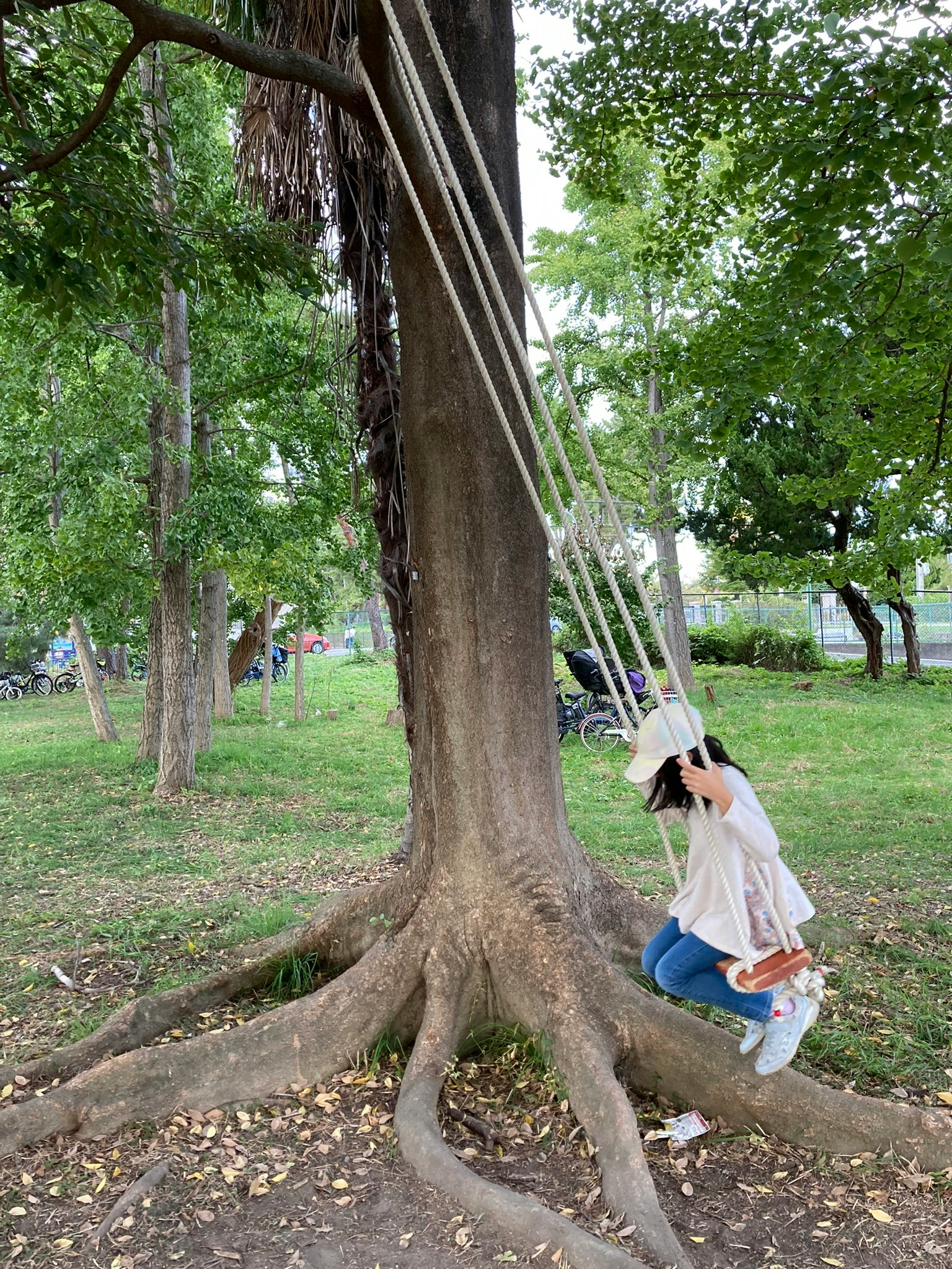 Gadis bermain di ayunan di pangkal pohon besar