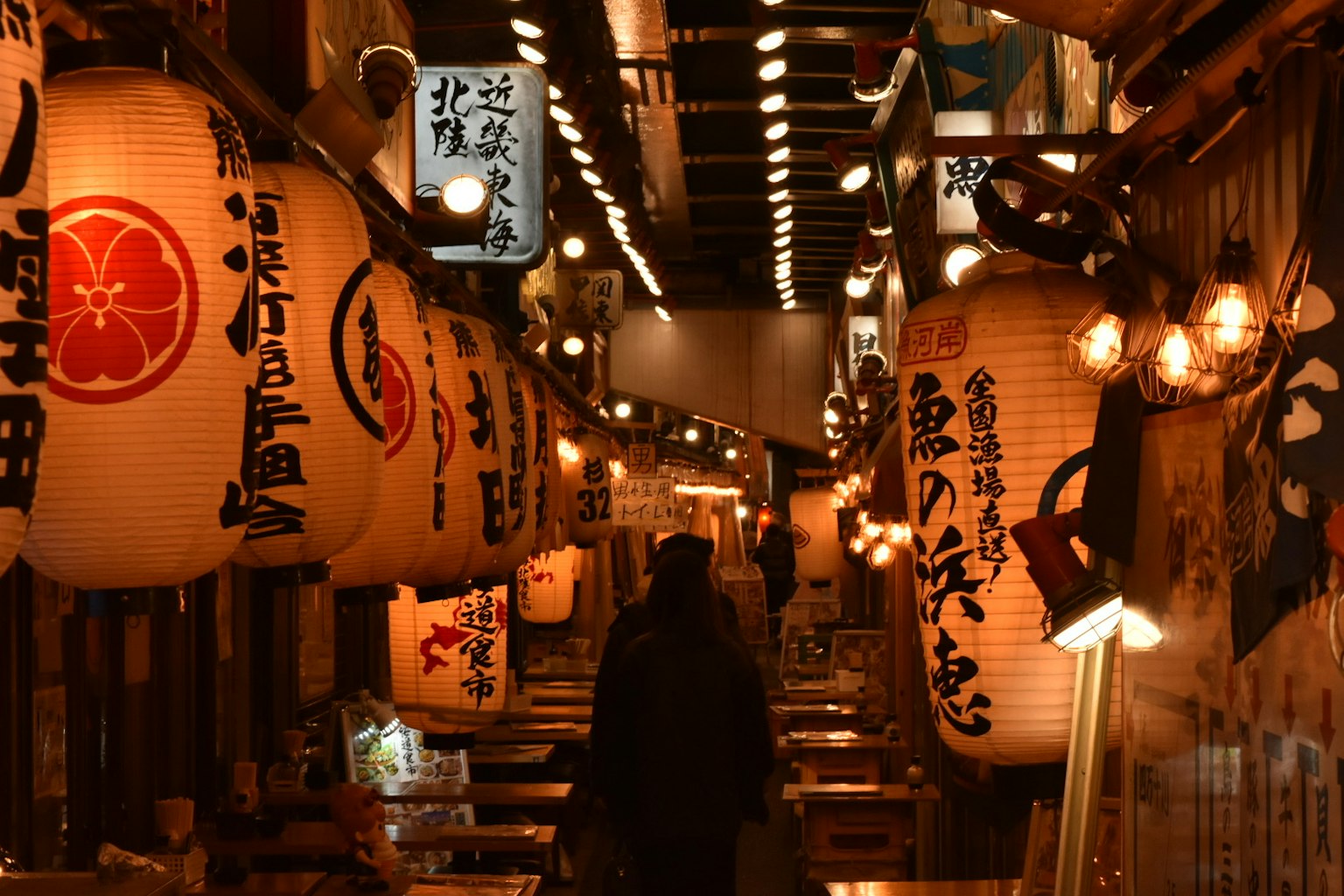 Night scene of a Japanese food street with lanterns