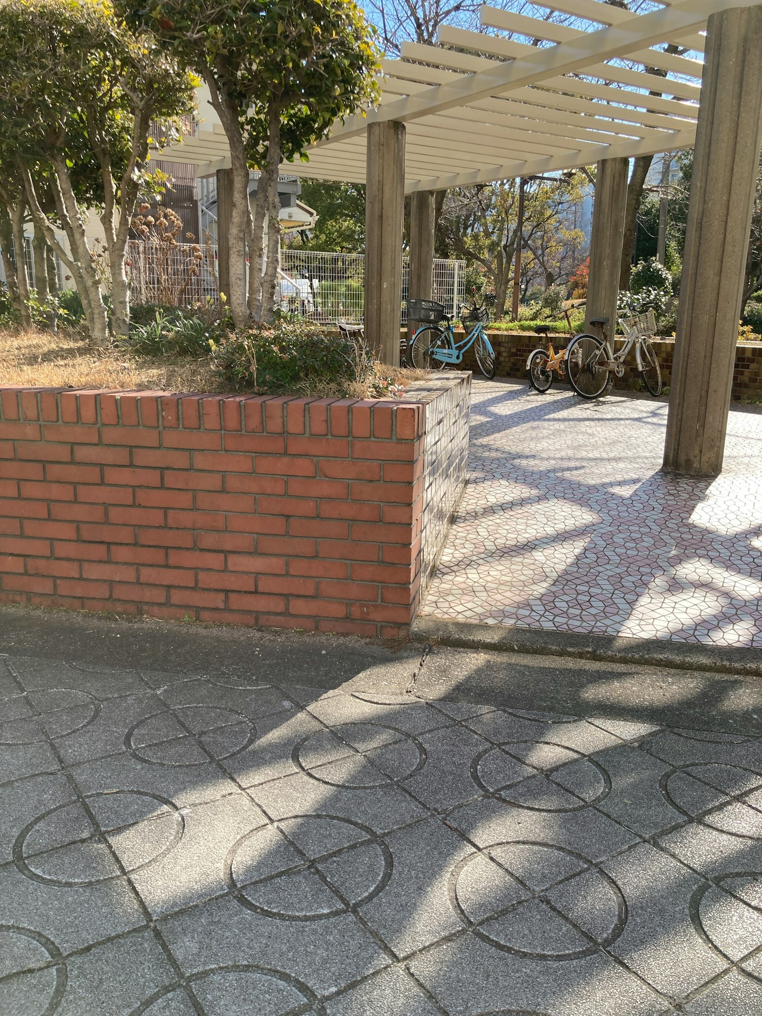 Park scene featuring a red brick wall, sunlight shadows, trees and a terrace