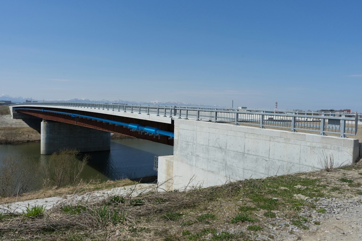 Foto di un ponte blu che attraversa un fiume