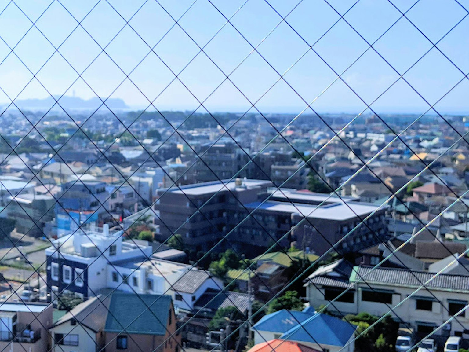 View of a residential area under a blue sky seen through a grid window