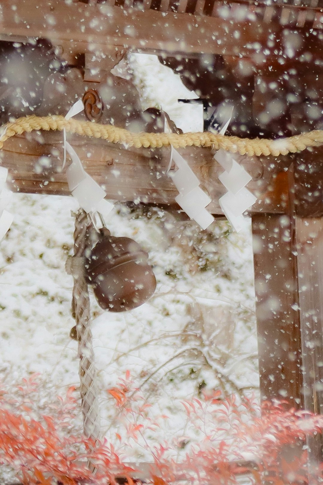 吹雪の中で雪が舞う鳥居のある神社の参道