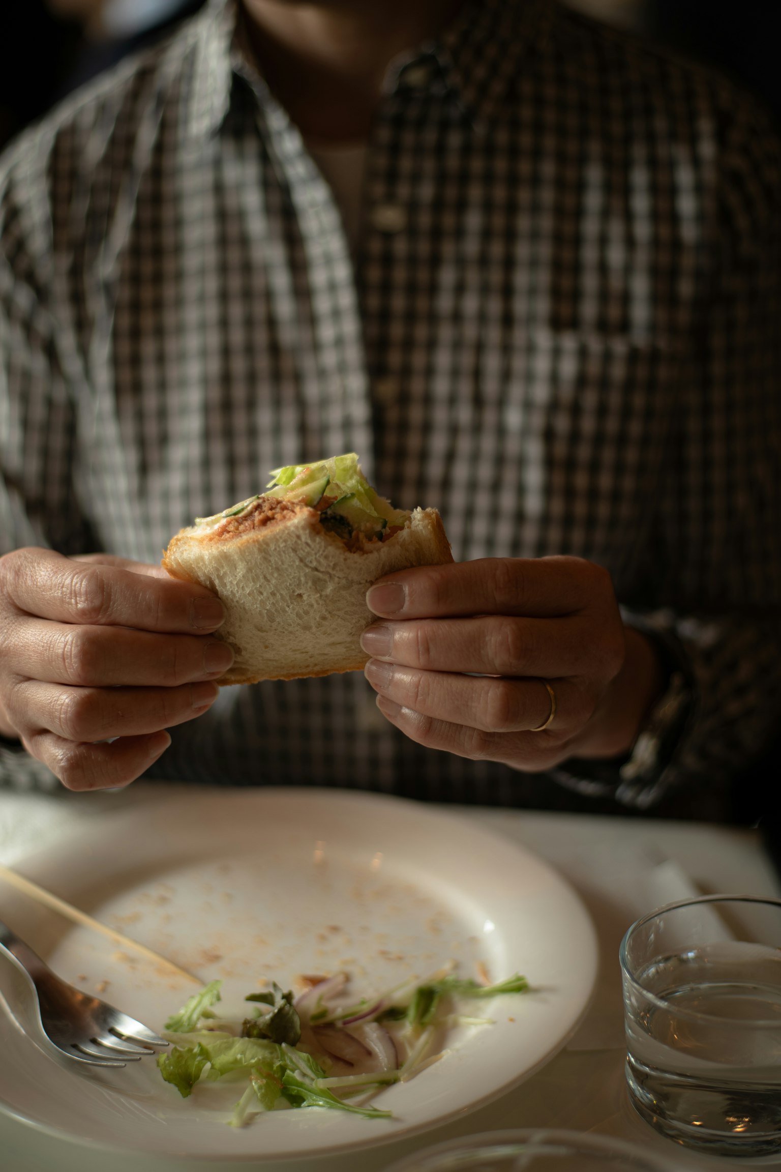 Uomo in camicia a quadri che tiene un panino