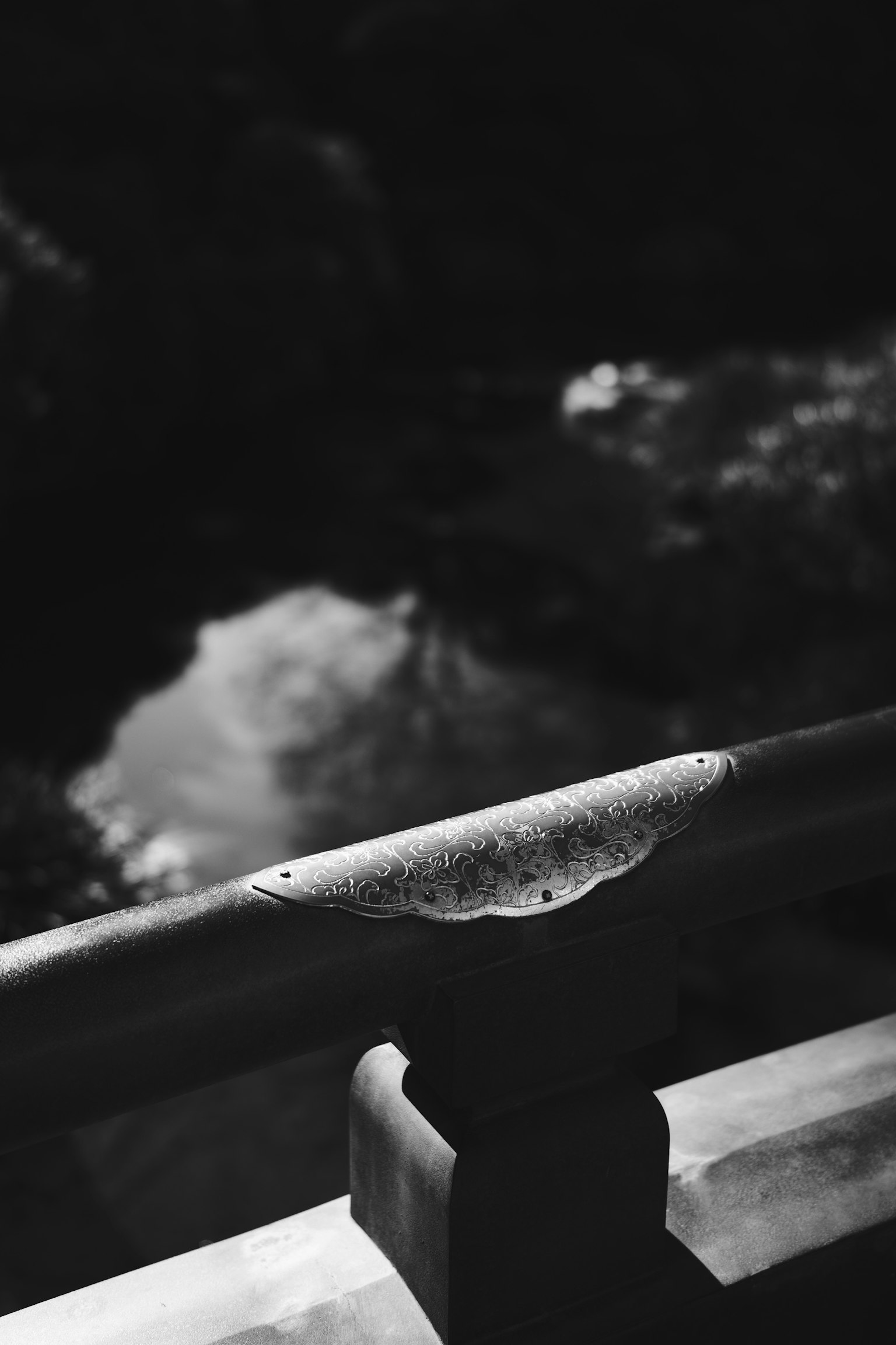 Contrasting black and white image of a bridge railing with reflections on the water