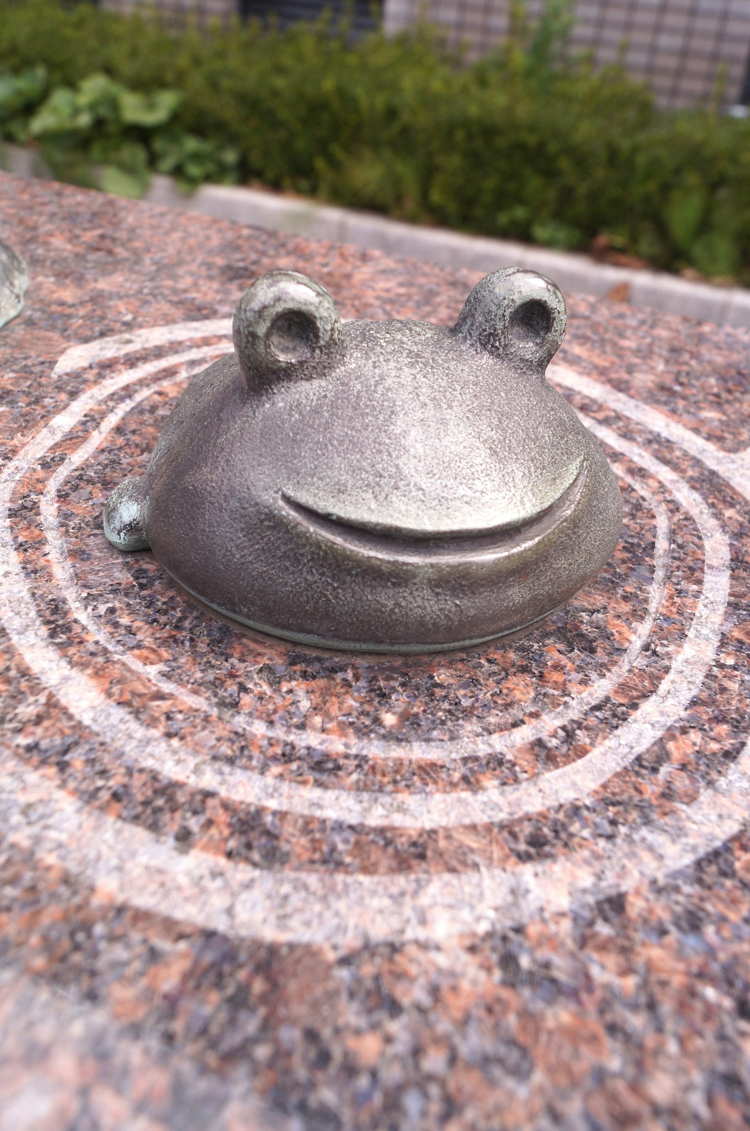 Metallfrosch-Skulptur auf einer Steinoberfläche mit konzentrischen Kreisen