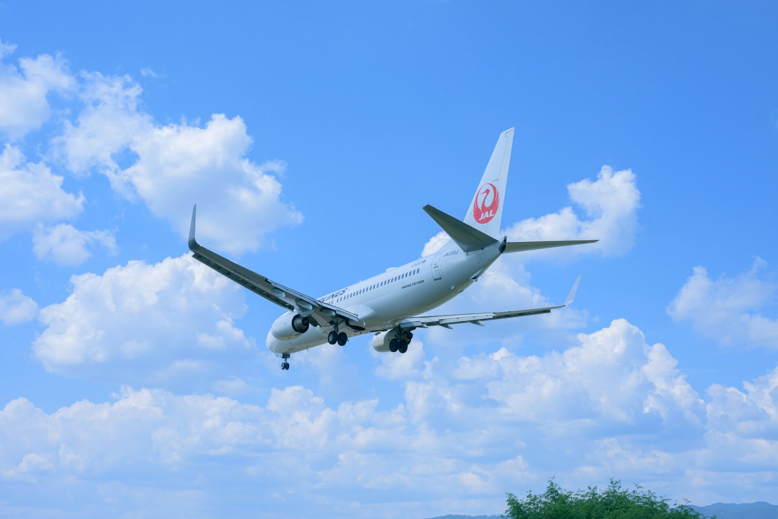 Avion de ligne Japan Airlines volant sous un ciel bleu