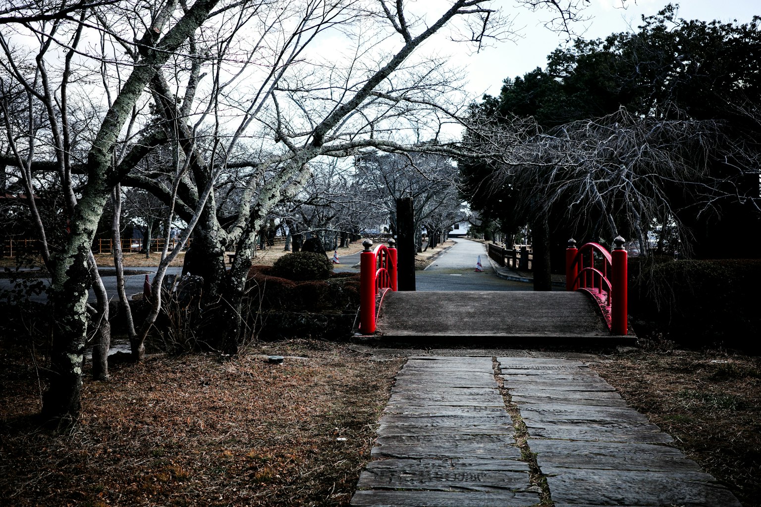 Sentiero tranquillo di un parco con un ponte rosso
