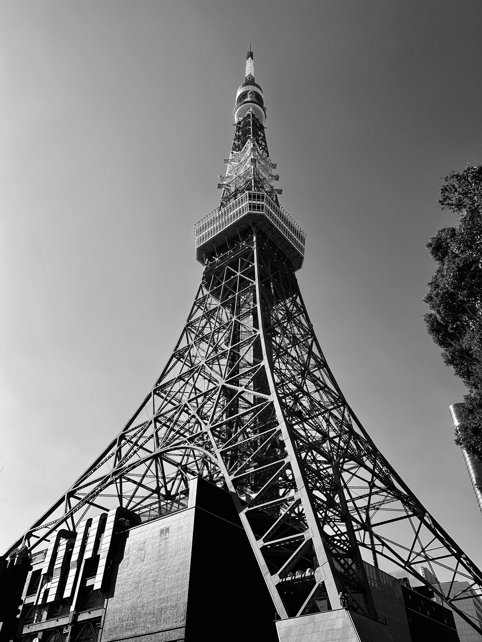 東京鐵塔的黑白照片 高大的金屬結構 從地面視角