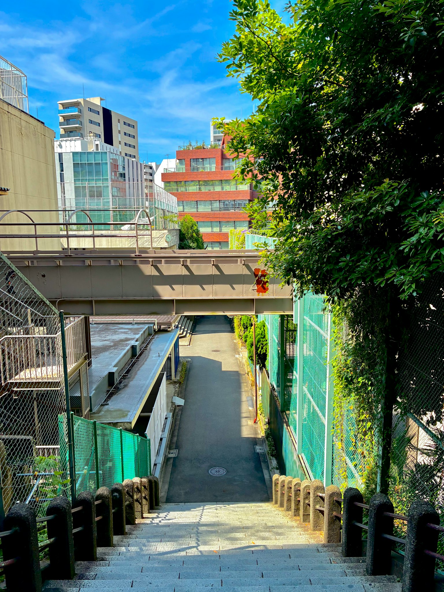 Urban landscape viewed from the top of stairs featuring greenery and a blue sky