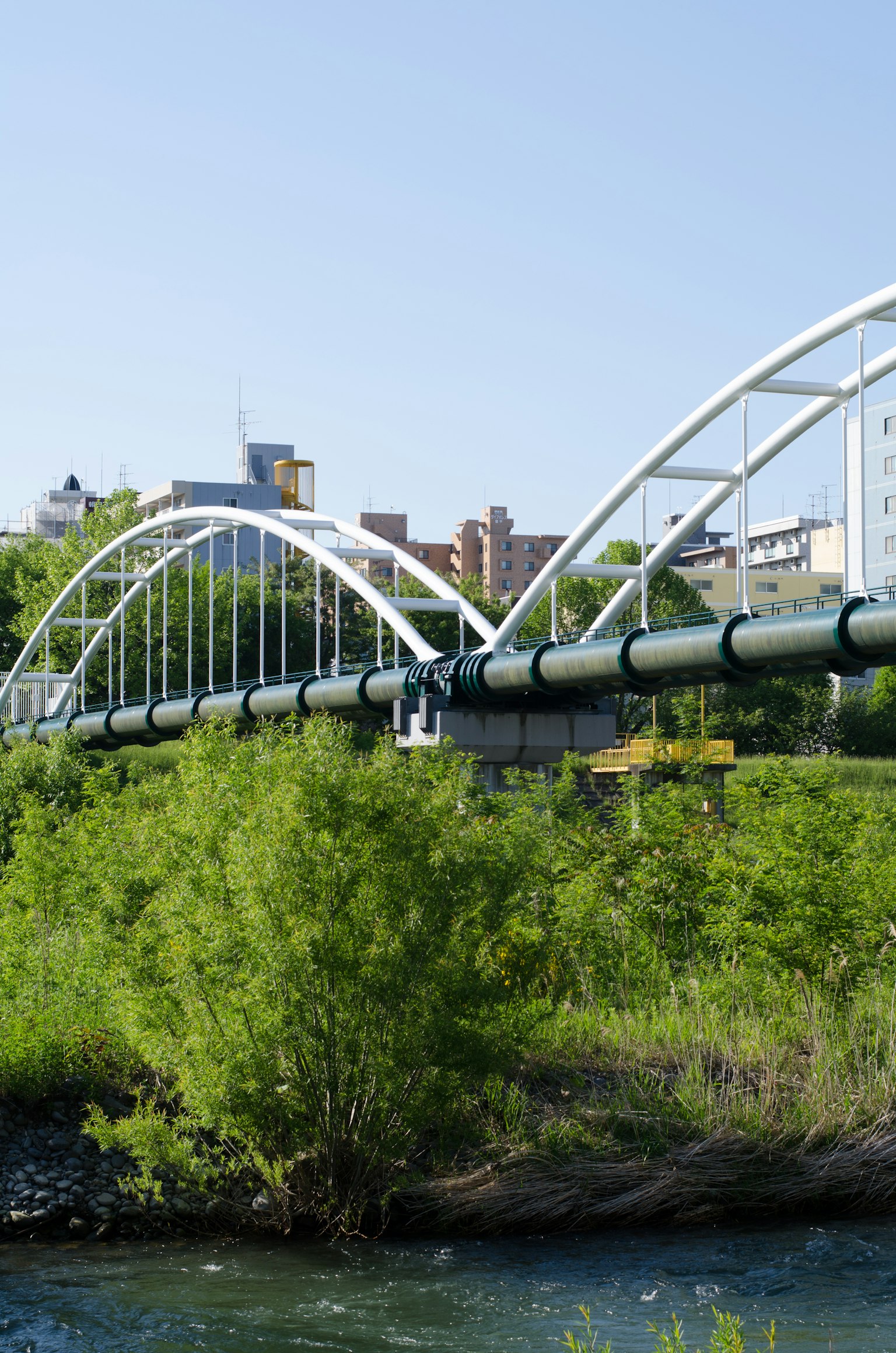 Weißer Bogenbrücke, die über grünes Laub und einen Fluss spannt